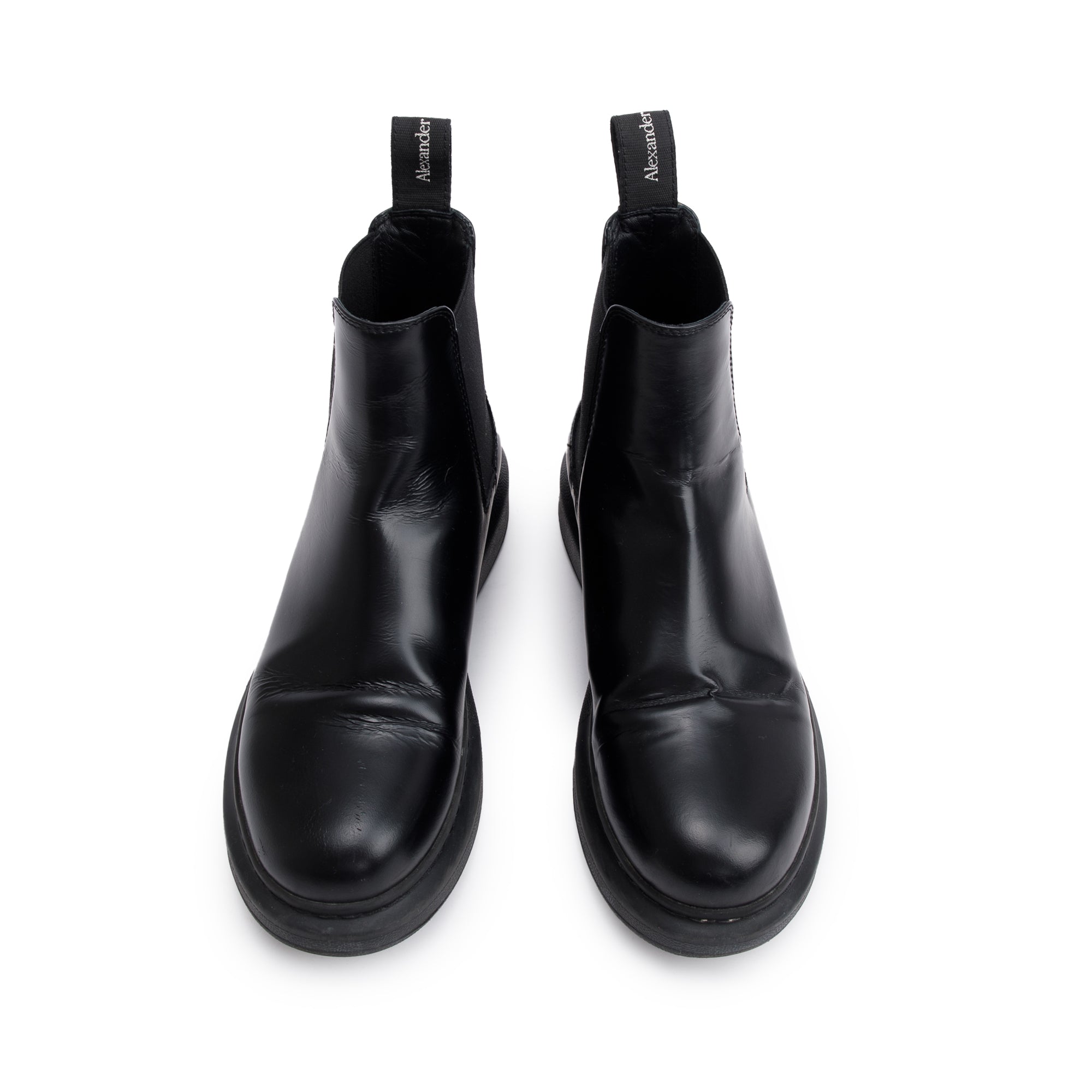 Alexander McQueen Black Shiny Calfskin Leather Chelsea Boots, Size 35