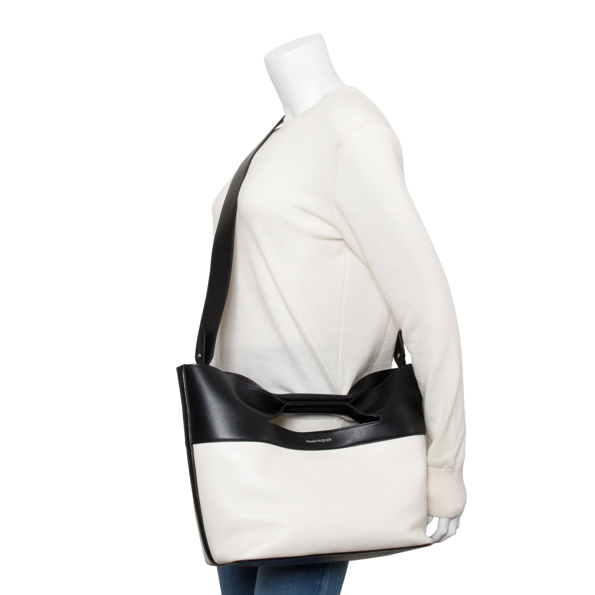 Alexander McQueen Black & White Calfskin Leather Large Bow Tote w/ Pouch