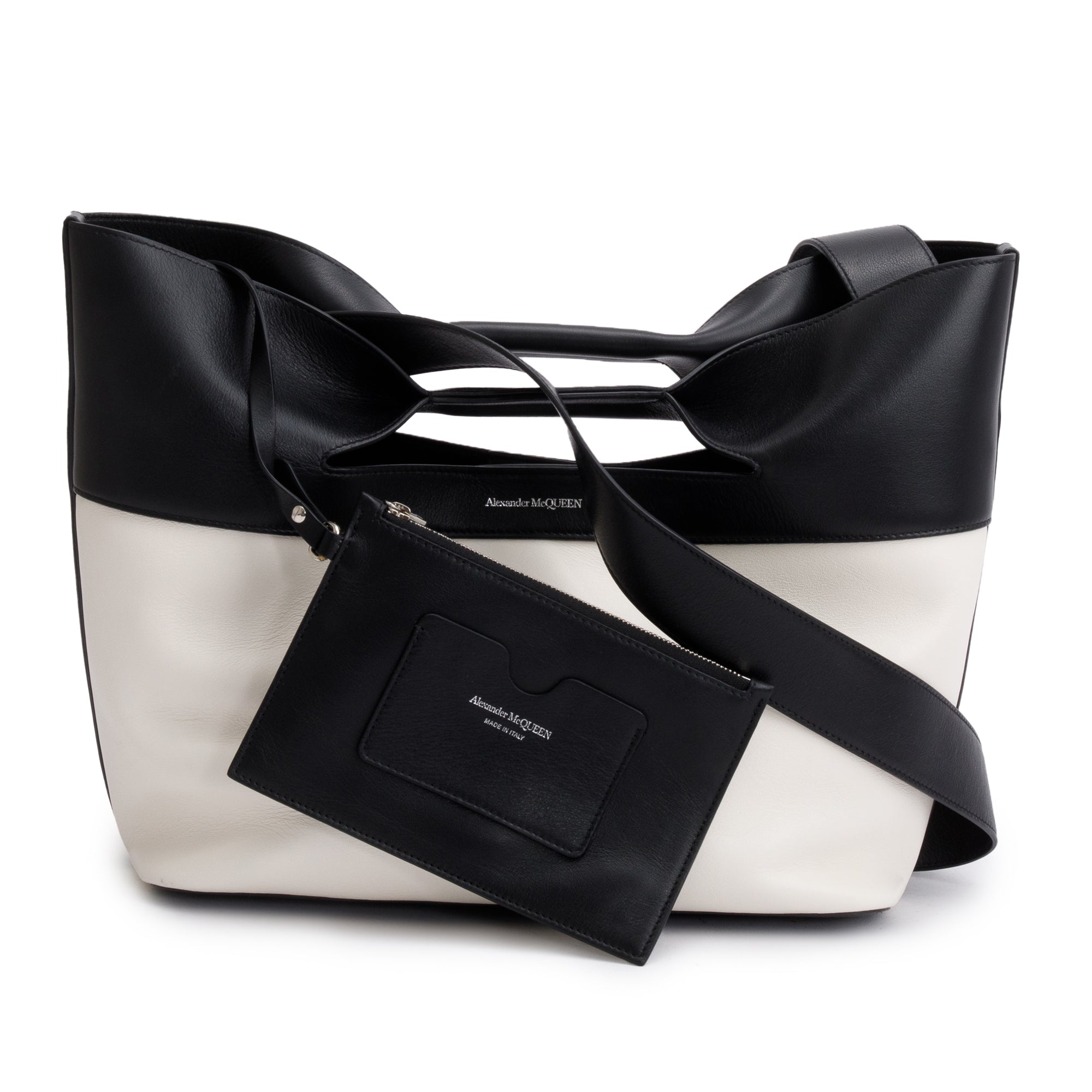 Alexander McQueen Black & White Calfskin Leather Large Bow Tote w/ Pouch