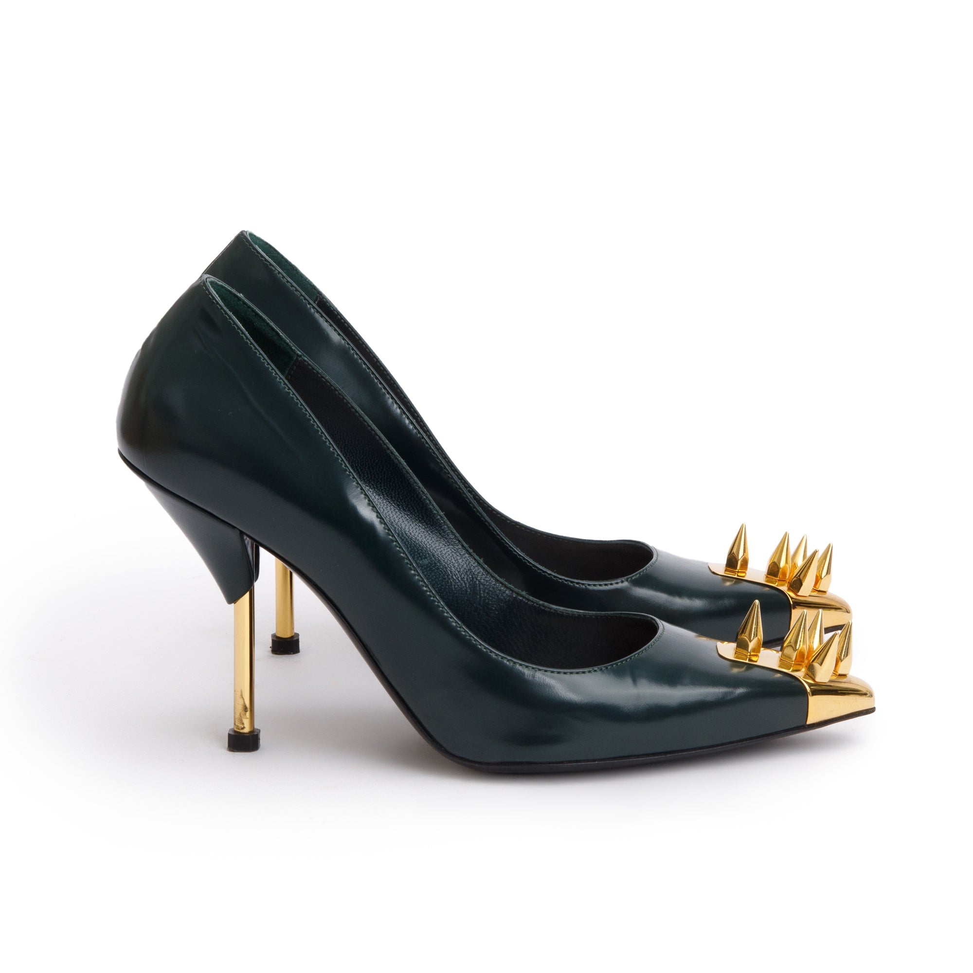 Alexander McQueen Dark Forrest Green Leather Gold Hardware Spiked Toe Pumps, Size 37 w/ Box