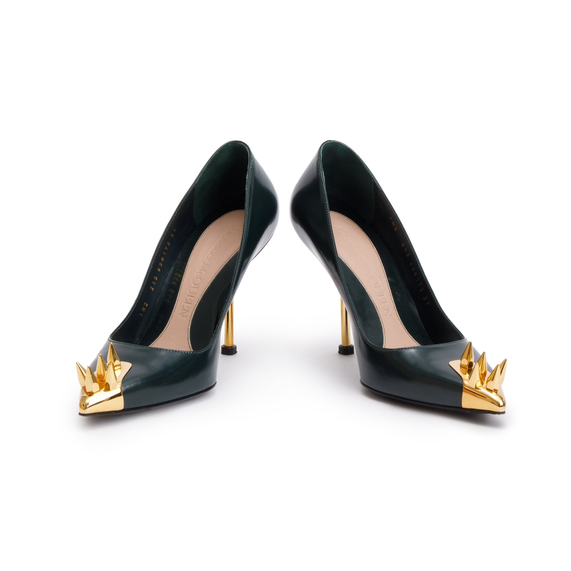 Alexander McQueen Dark Forrest Green Leather Gold Hardware Spiked Toe Pumps, Size 37 w/ Box