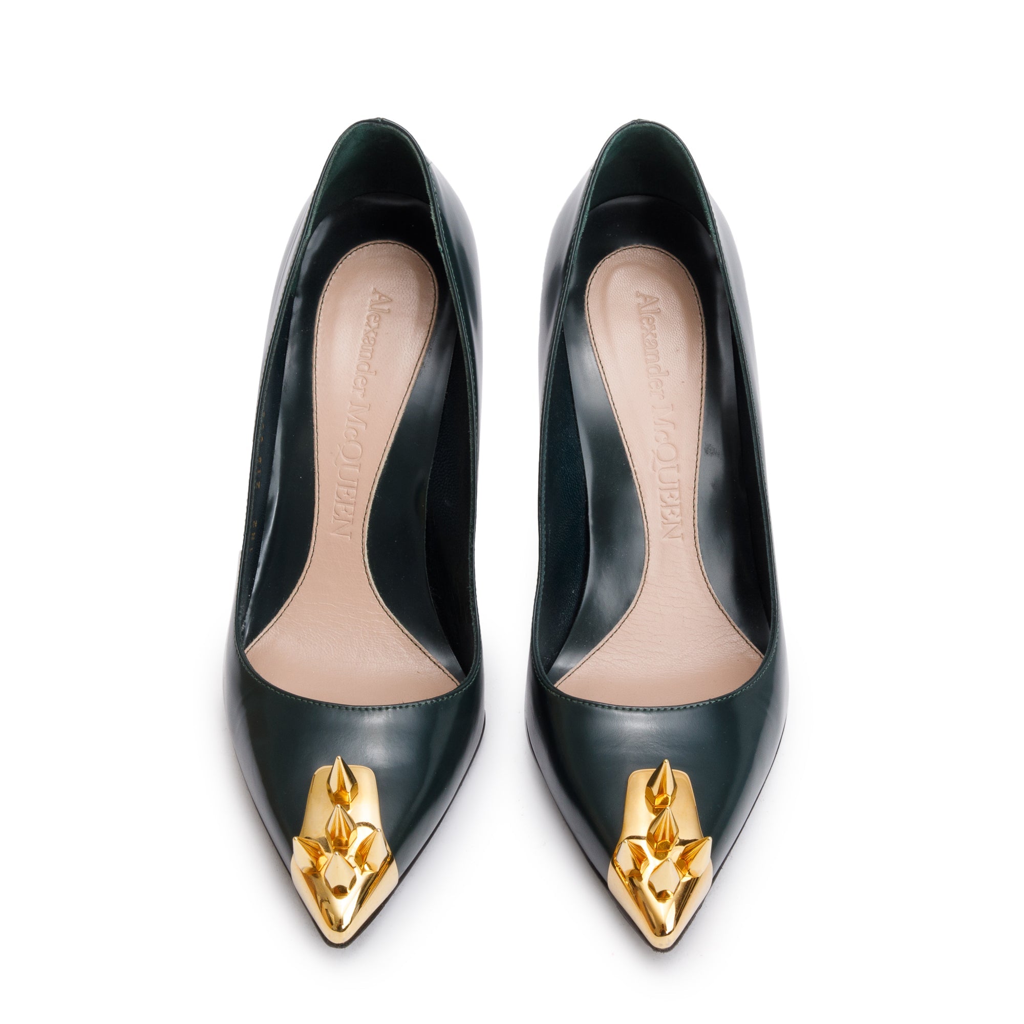 Alexander McQueen Dark Forrest Green Leather Gold Hardware Spiked Toe Pumps, Size 37 w/ Box