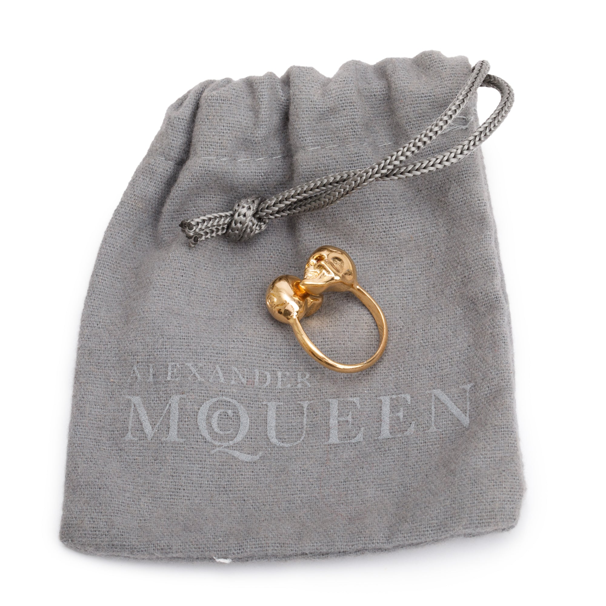 Alexander McQueen Gold Plated Crystal Double Skull Ring, Size 4.5