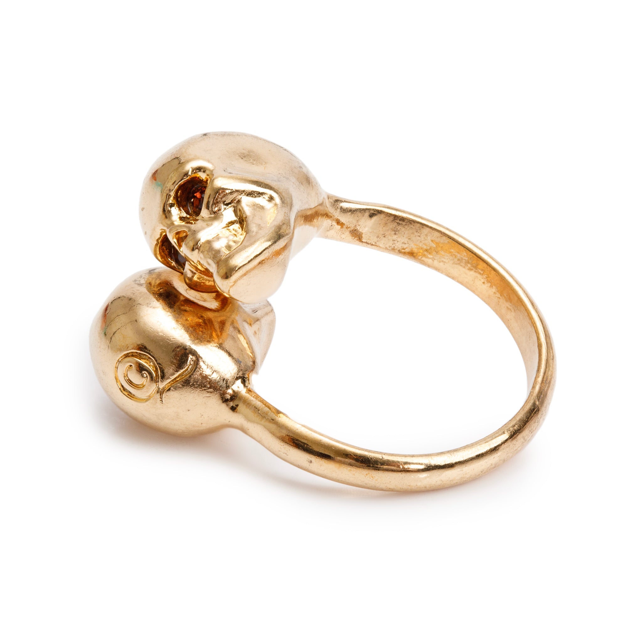 Alexander McQueen Gold Plated Crystal Double Skull Ring, Size 5.5