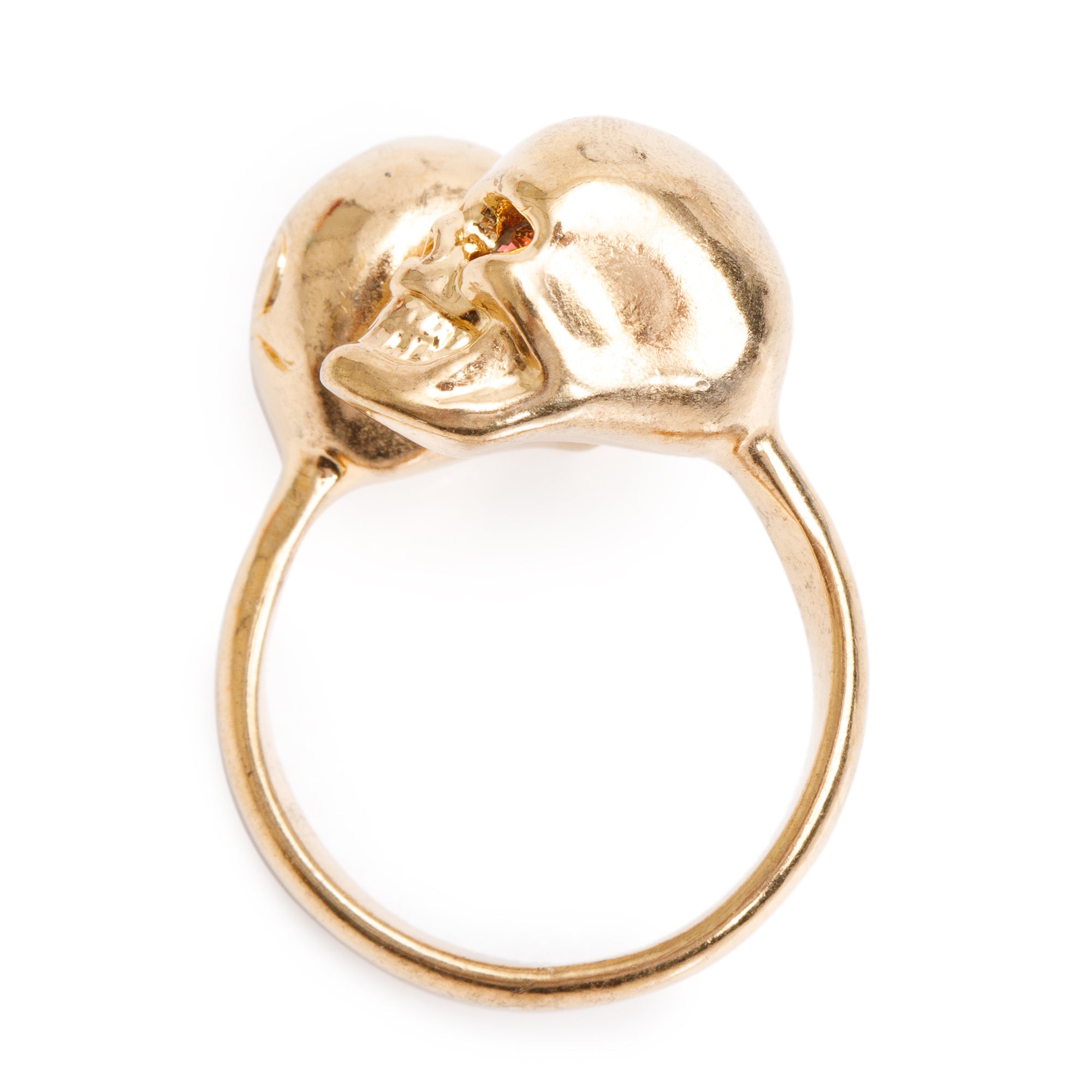 Alexander McQueen Gold Plated Crystal Double Skull Ring, Size 5.5