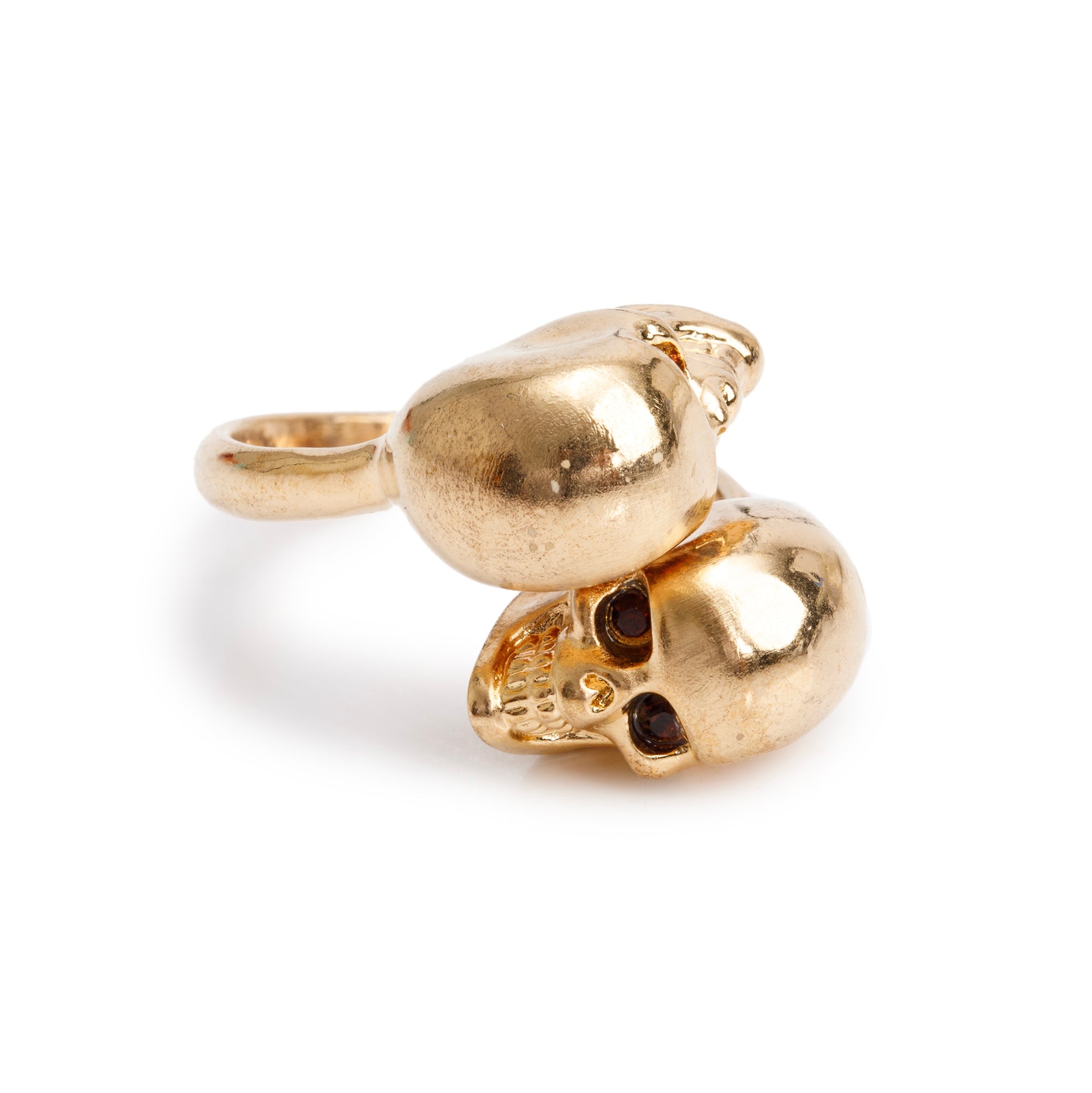 Alexander McQueen Gold Plated Crystal Double Skull Ring, Size 5.5