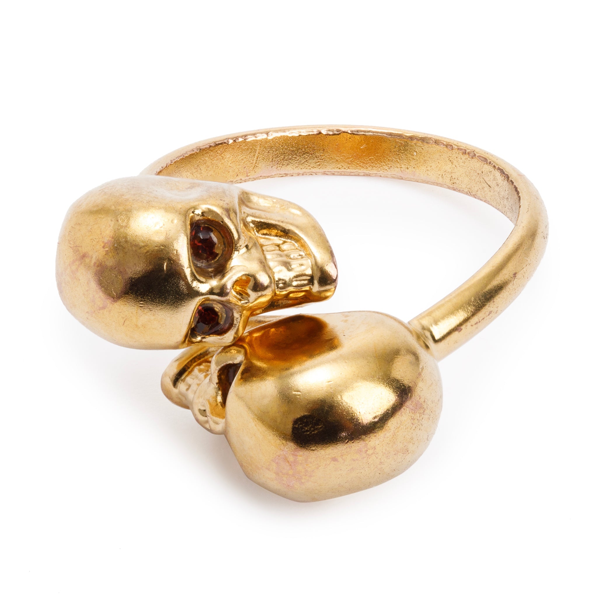 Alexander McQueen Gold Plated Crystal Double Skull Ring, Size 7