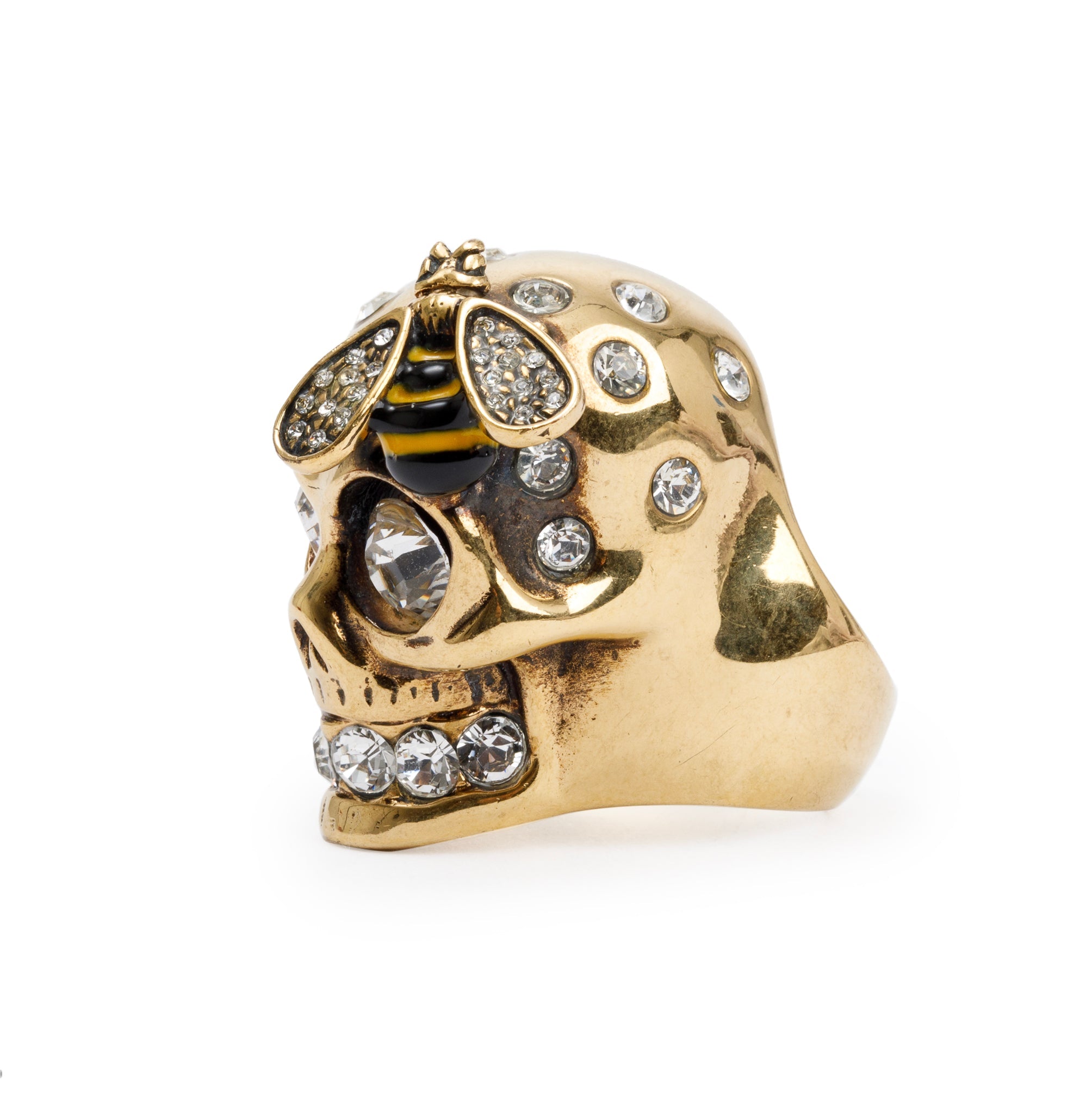Alexander McQueen Gold Plated Crystal & Enamel Skull & Bee Cocktail Ring, Size 7
