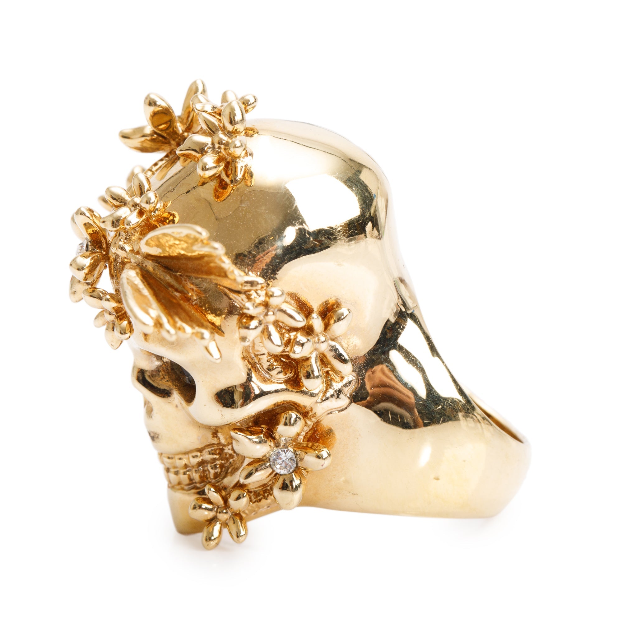 Alexander McQueen Gold Plated Crystal Skull & Flower Cocktail Ring, Size 5.25