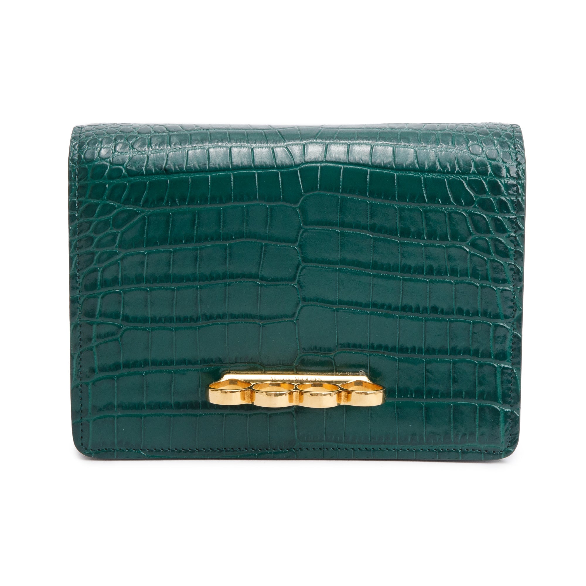 Alexander McQueen Green Croc-Embossed Calfskin Leather Four Ring Crossbody Bag