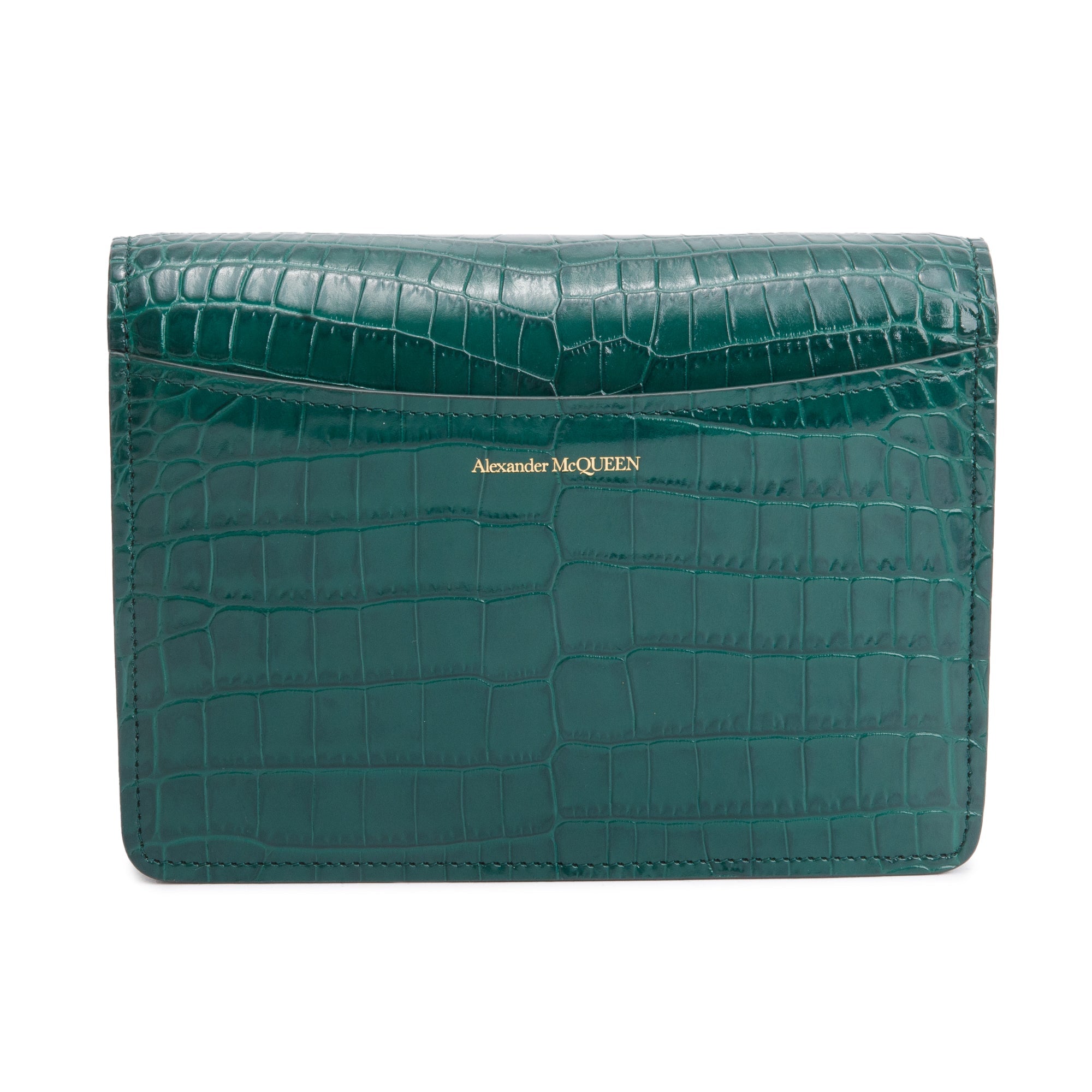 Alexander McQueen Green Croc-Embossed Calfskin Leather Four Ring Crossbody Bag