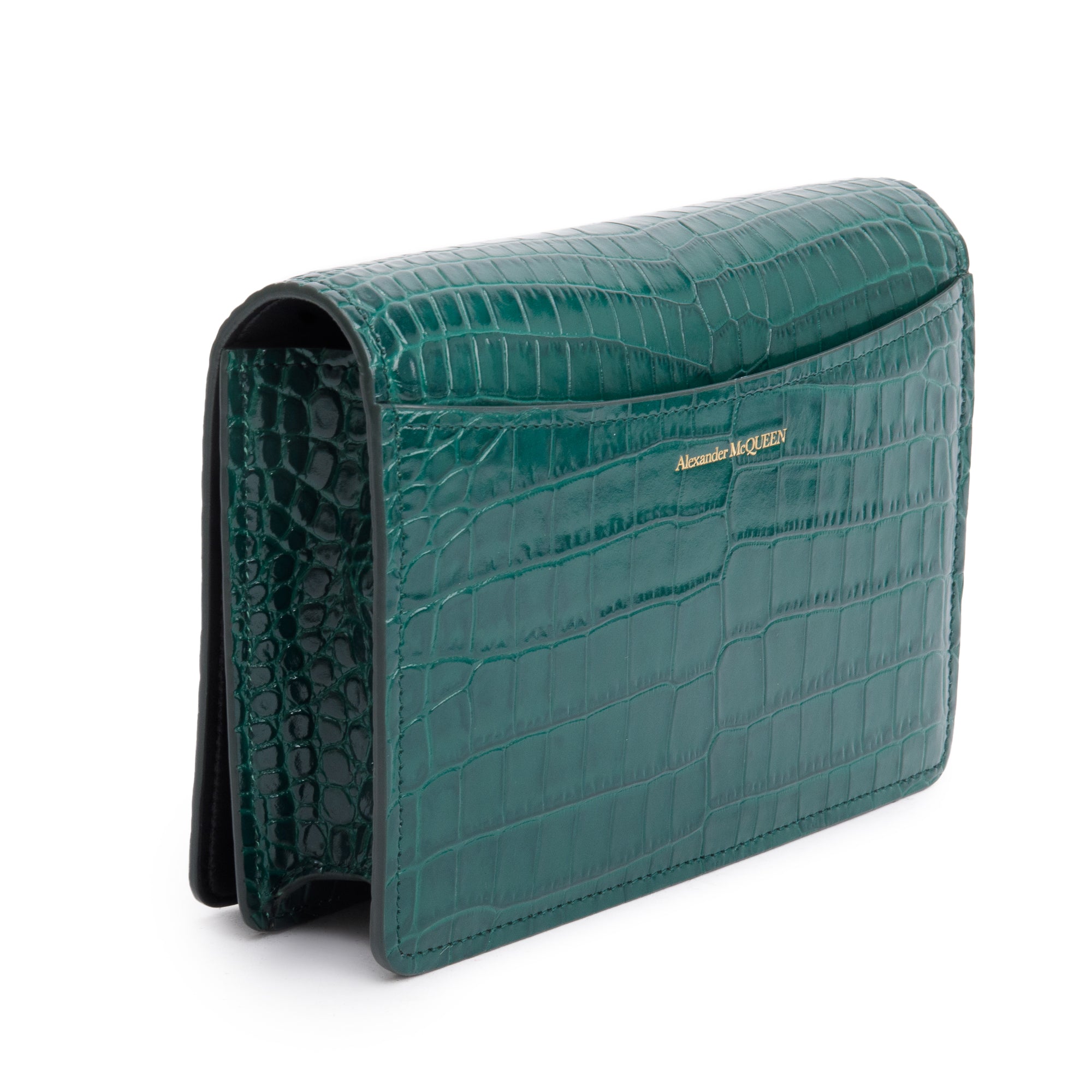 Alexander McQueen Green Croc-Embossed Calfskin Leather Four Ring Crossbody Bag