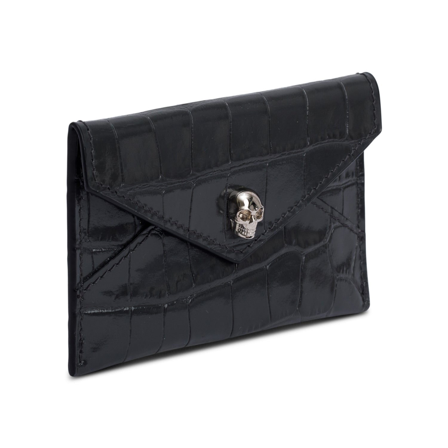 Alexander McQueen Grey Croc Embossed Leather Skull Envelope Card Holder w/ Box