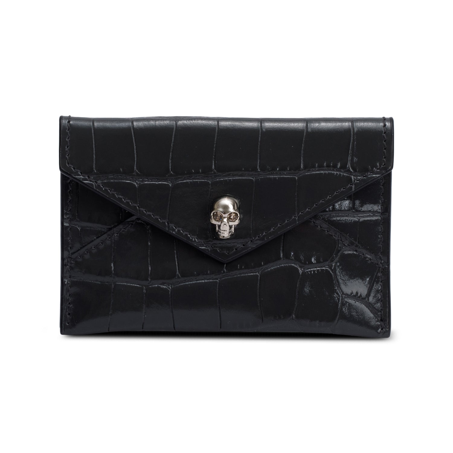 Alexander McQueen Grey Croc Embossed Leather Skull Envelope Card Holder w/ Box