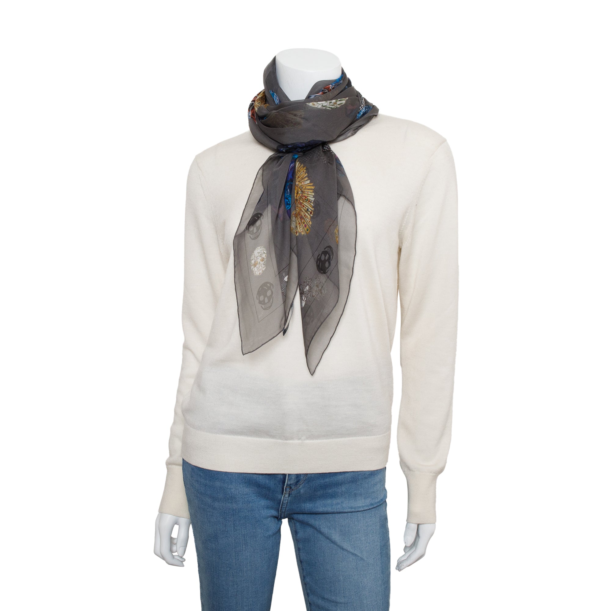 Alexander McQueen Grey Multicolour Skull Printed Silk Scarf