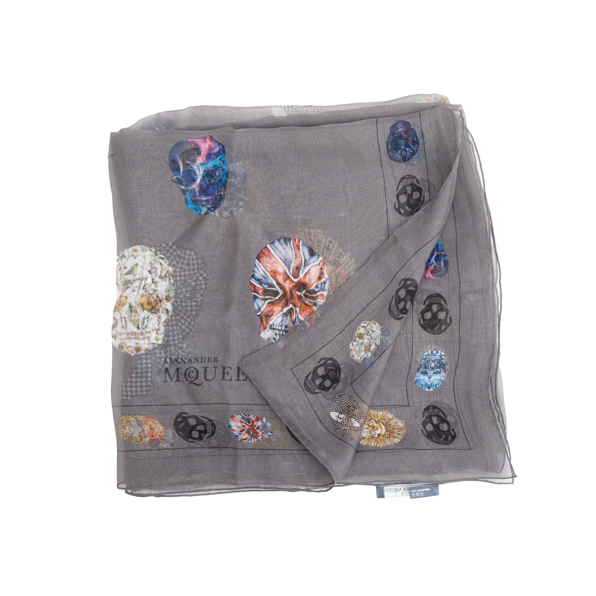Alexander McQueen Grey Multicolour Skull Printed Silk Scarf