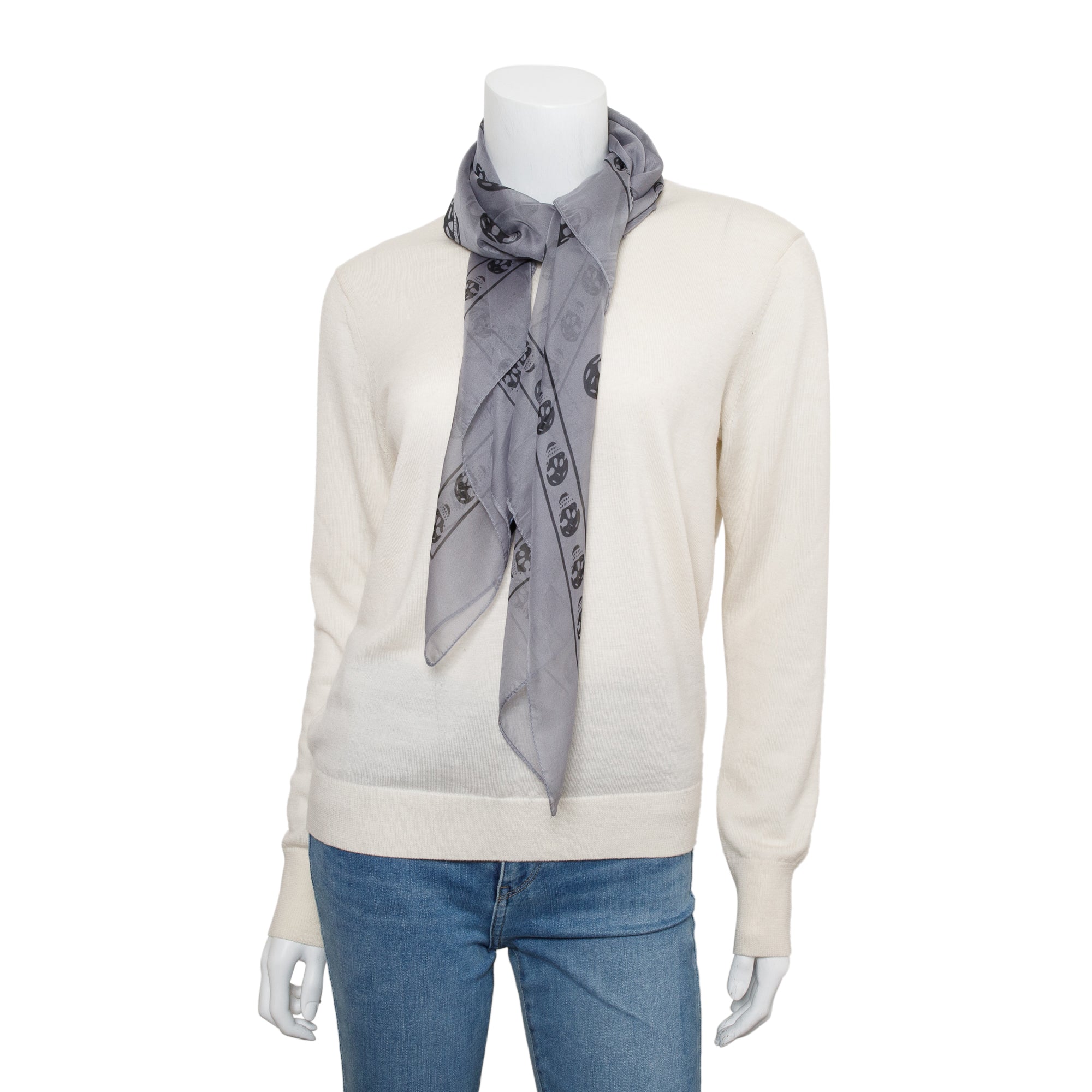 Alexander McQueen Grey/Black Skull Printed Silk Scarf