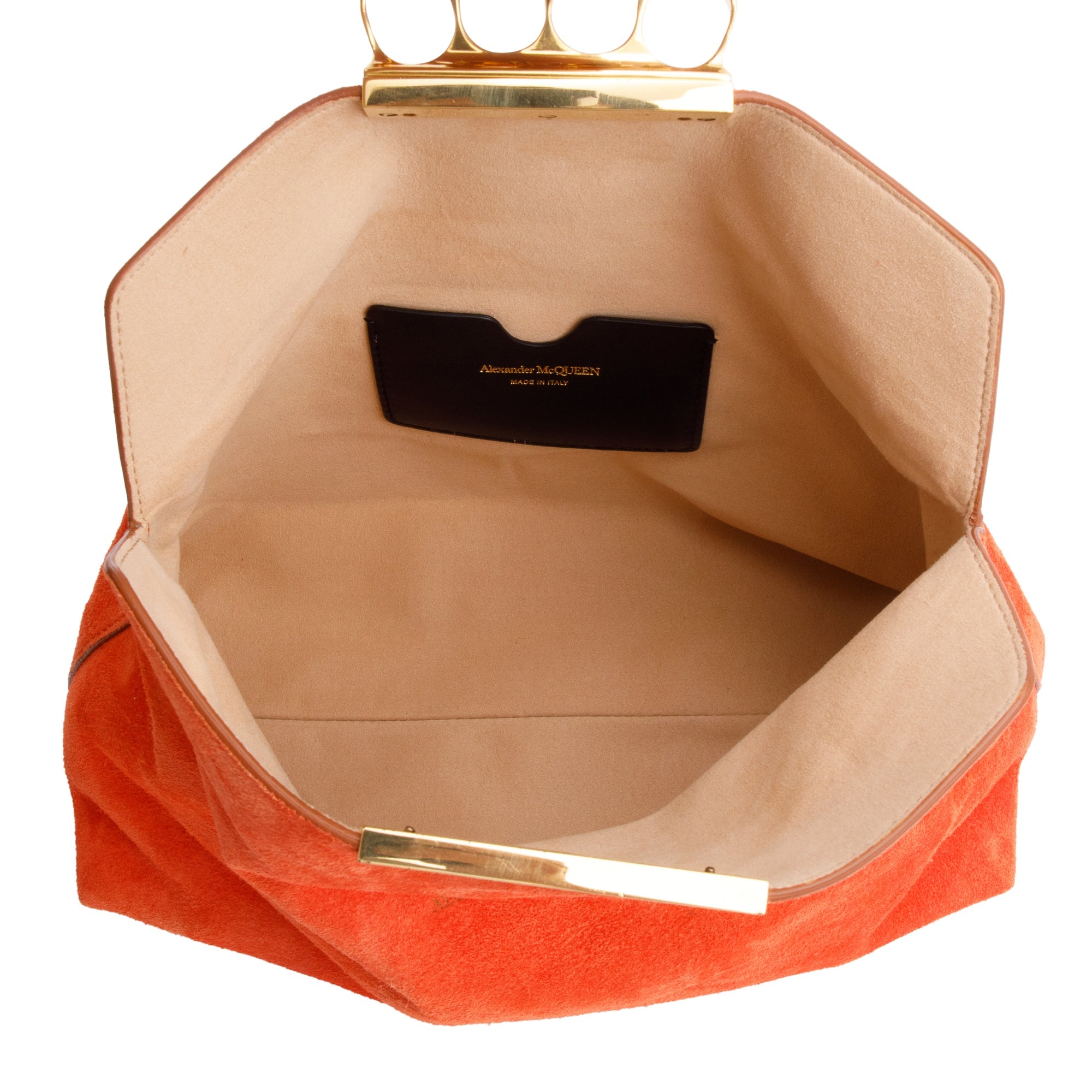 Alexander McQueen Orange Suede Skull Four Ring Soft Clutch