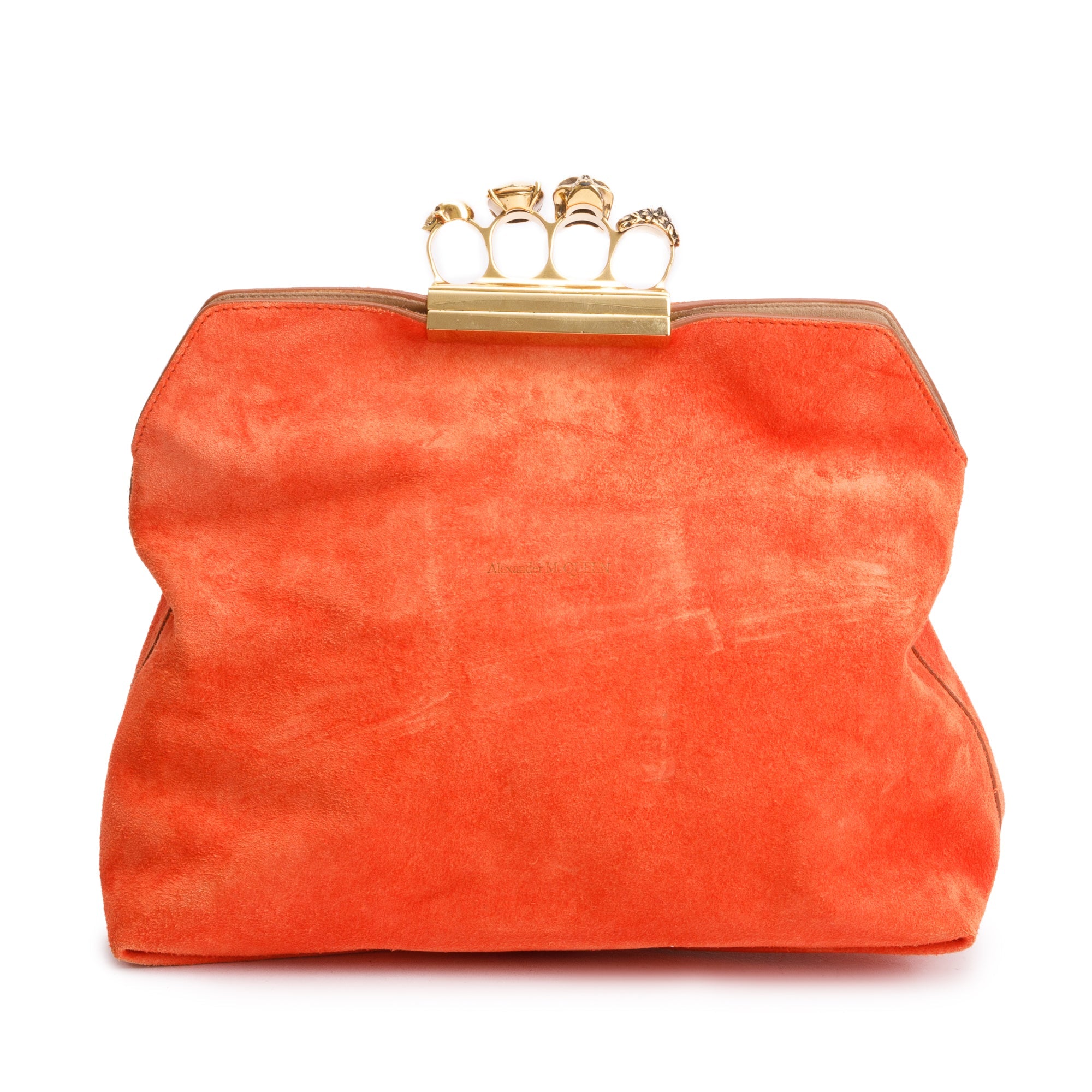 Alexander McQueen Orange Suede Skull Four Ring Soft Clutch