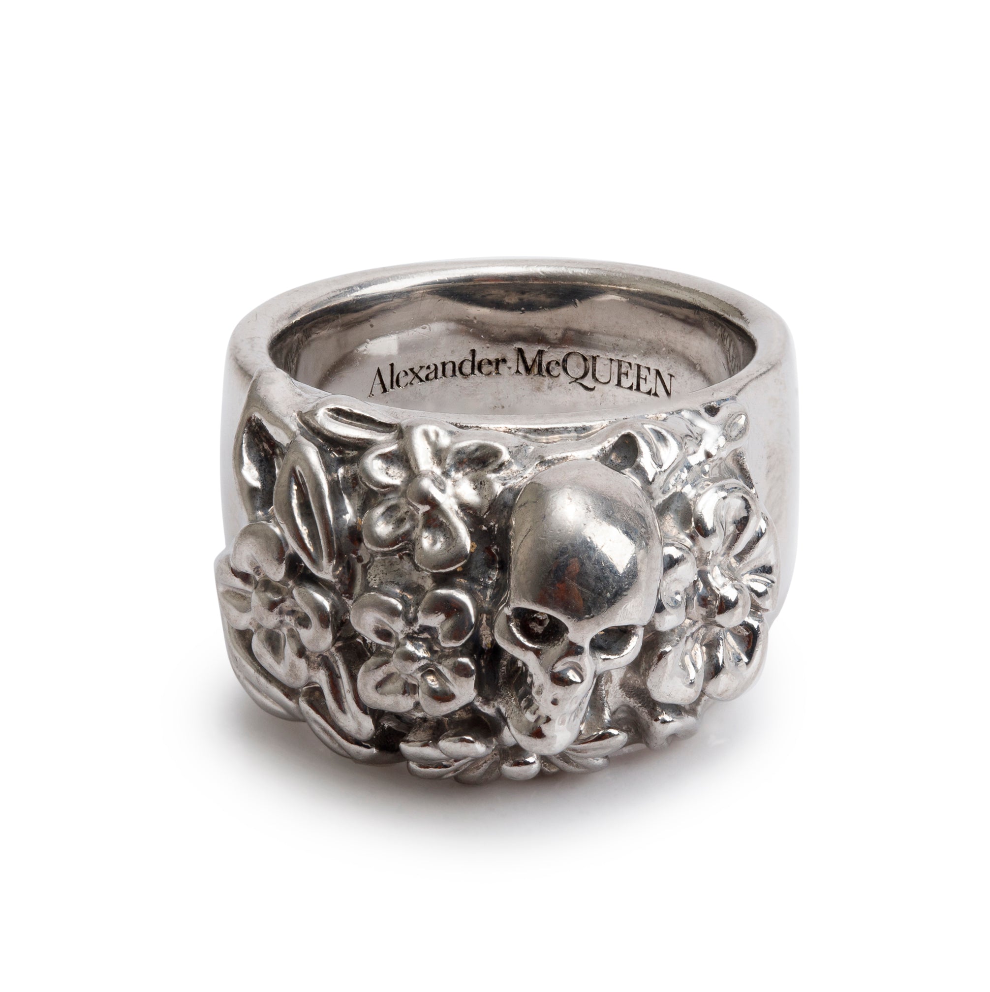 Alexander McQueen Silver Plated Floral Skull Ring, Size 19 9