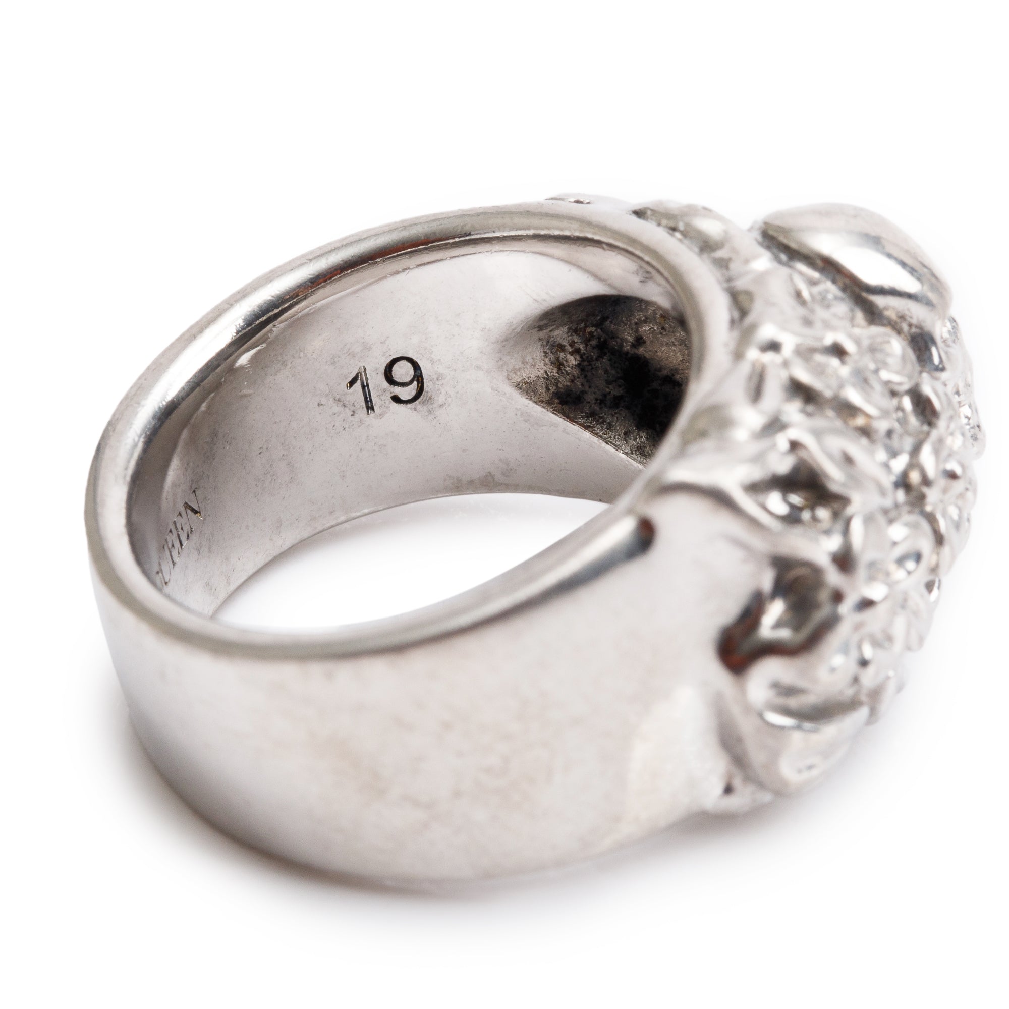 Alexander McQueen Silver Plated Floral Skull Ring, Size 19 9
