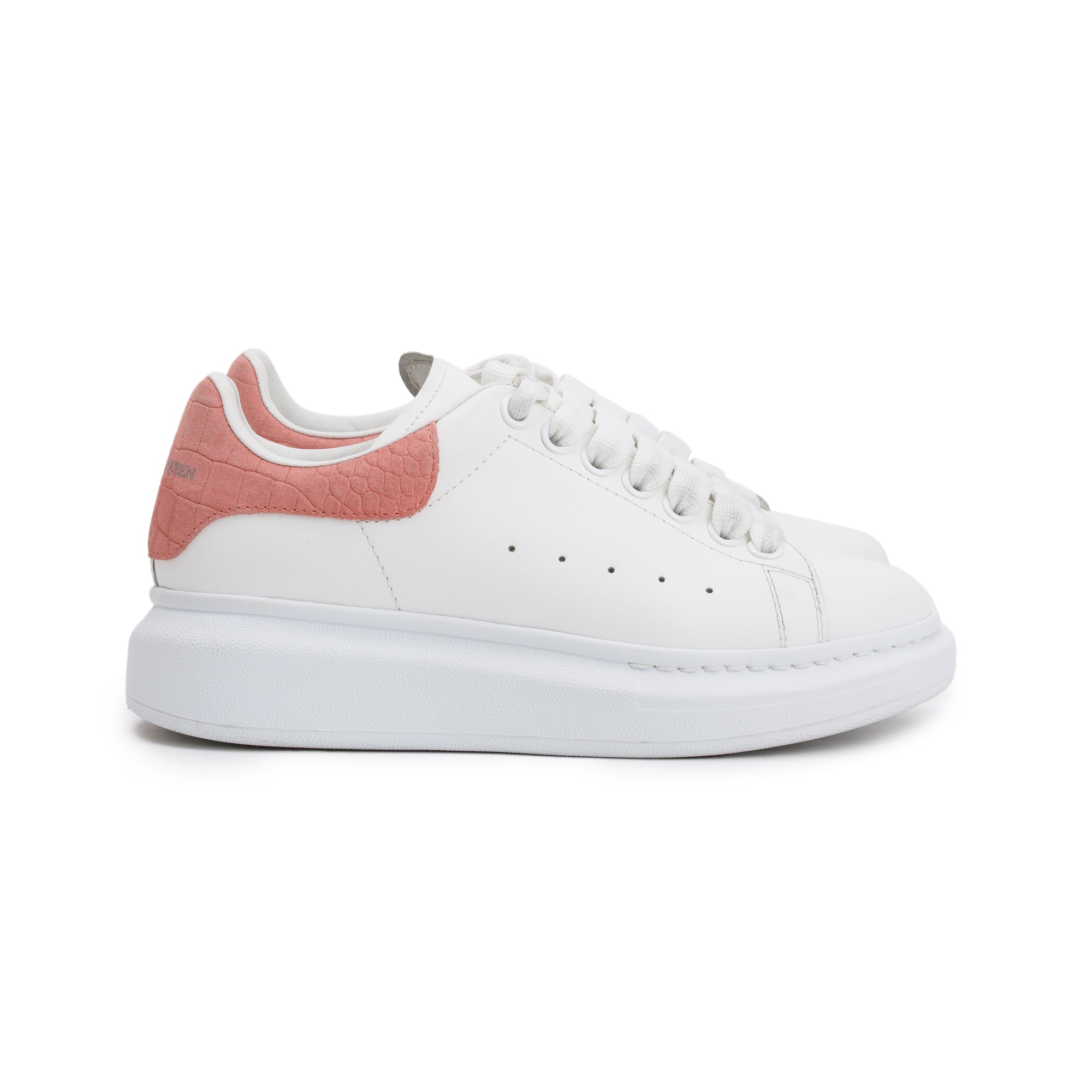 Alexander McQueen White Calfskin Leather Pink Croc Embossed Oversized Sneakers, Size 36