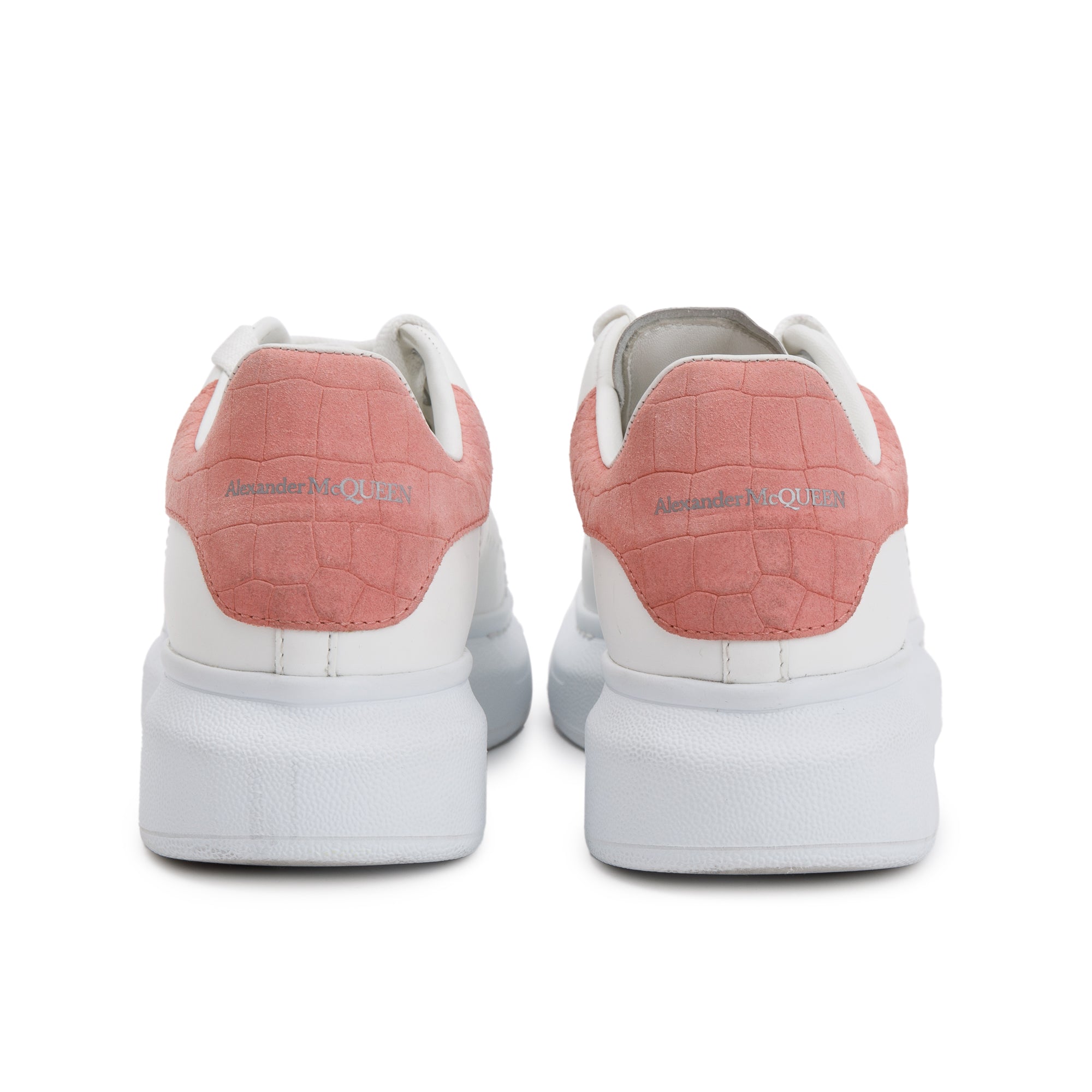 Alexander McQueen White Calfskin Leather Pink Croc Embossed Oversized Sneakers, Size 36