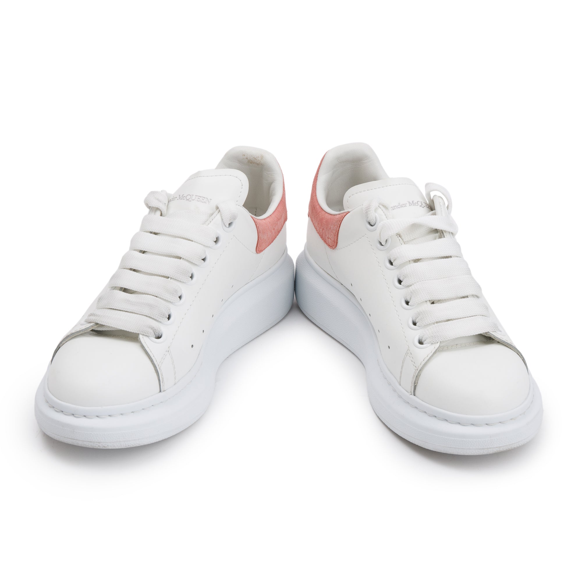 Alexander McQueen White Calfskin Leather Pink Croc Embossed Oversized Sneakers, Size 36