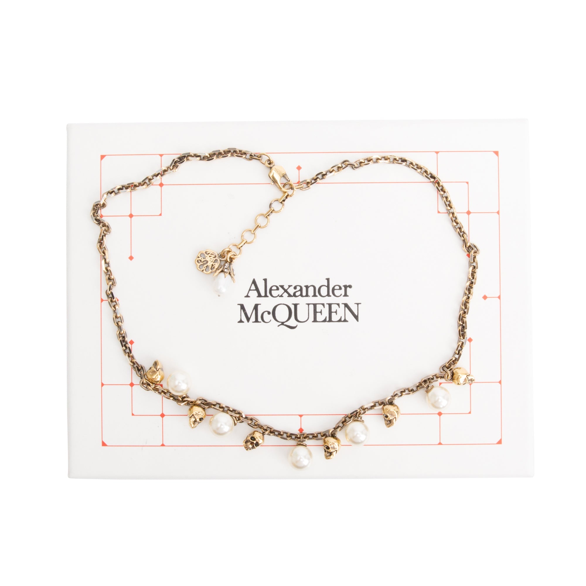 Alexander Mcqueen Antique Gold Tone Pearly Skull Necklace w/ Box