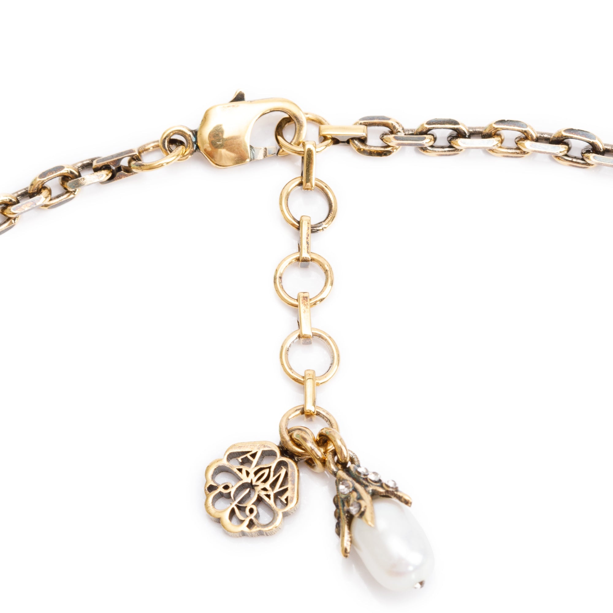 Alexander Mcqueen Antique Gold Tone Pearly Skull Necklace w/ Box