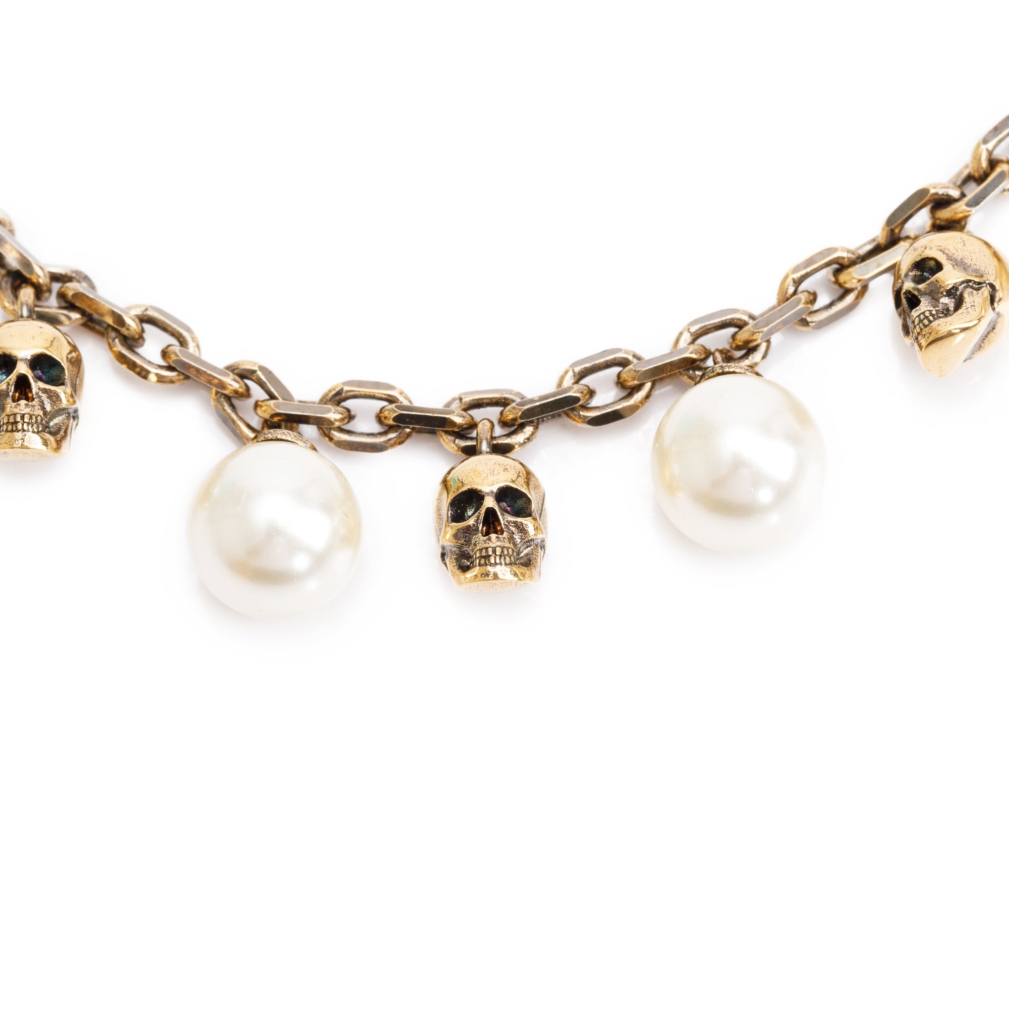 Alexander Mcqueen Antique Gold Tone Pearly Skull Necklace w/ Box