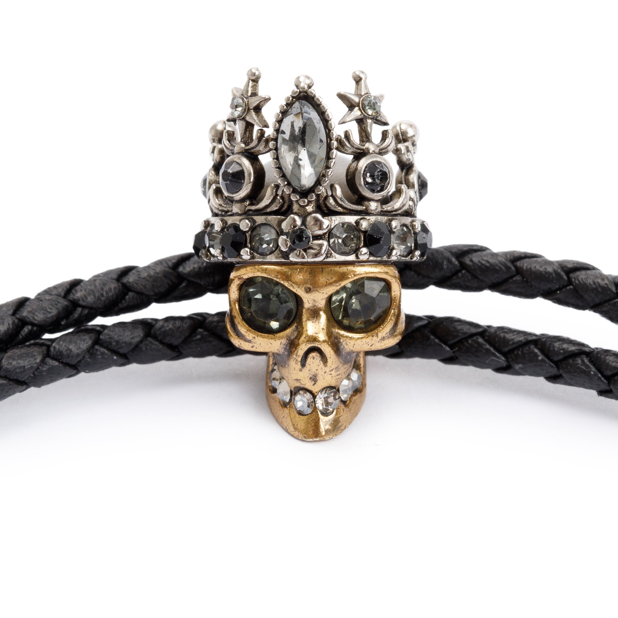 Alexander Mcqueen Gold Plated Metal & Crystal Crown Skull Wrap Leather Bracelet