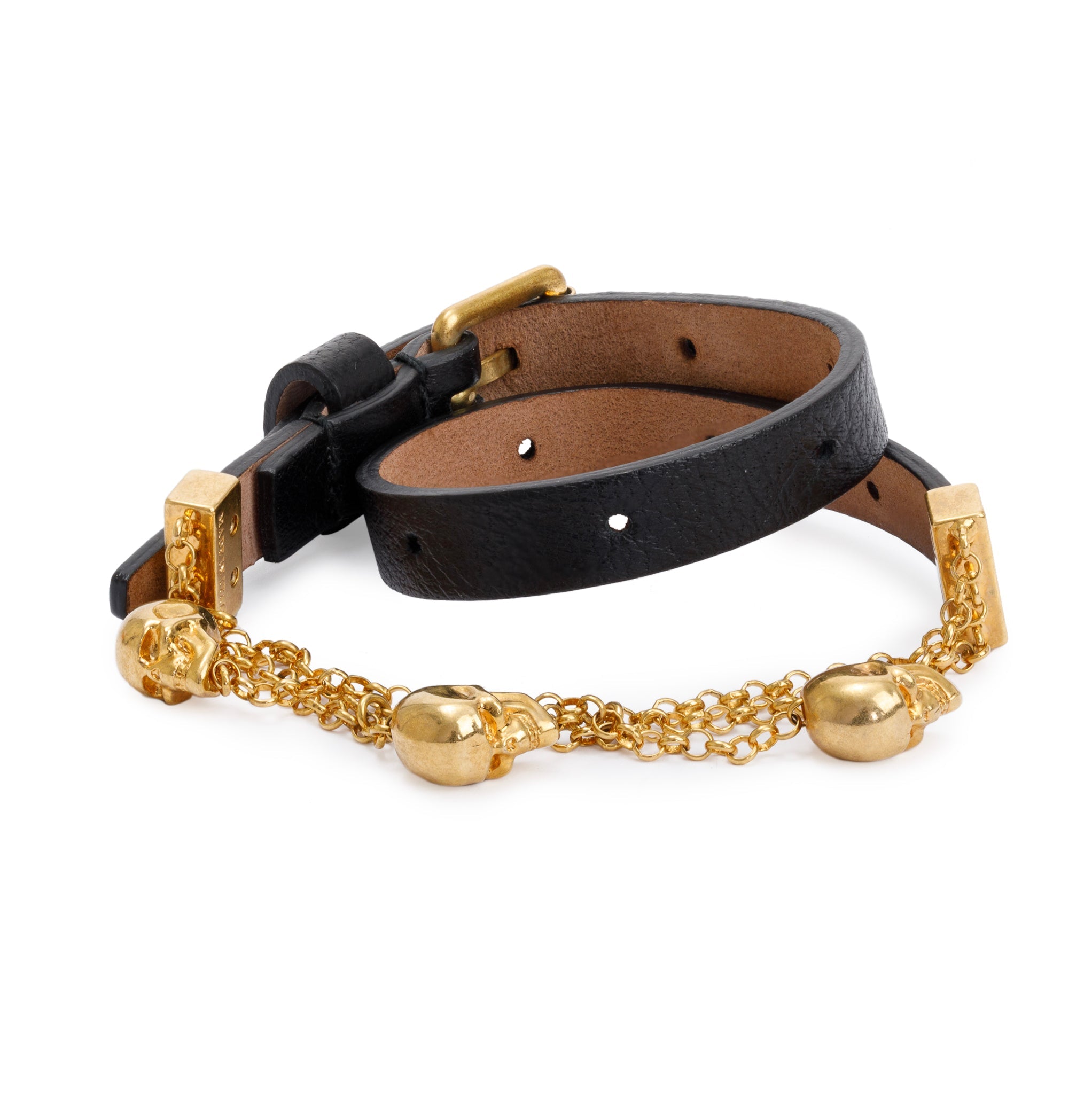 Alexander Mcqueen Gold Plated Skull Chain Double Wrap Leather Bracelet