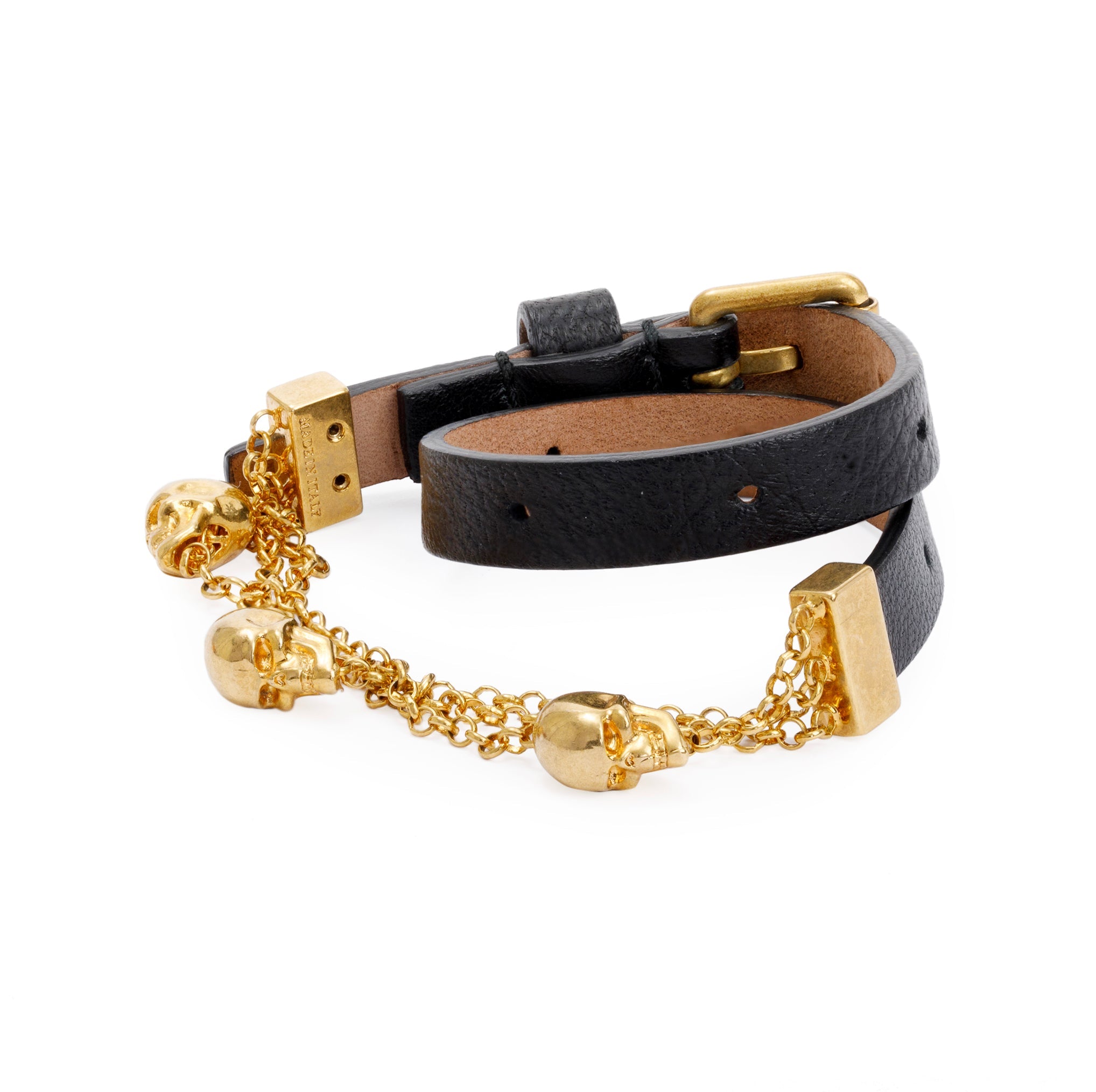 Alexander Mcqueen Gold Plated Skull Chain Double Wrap Leather Bracelet