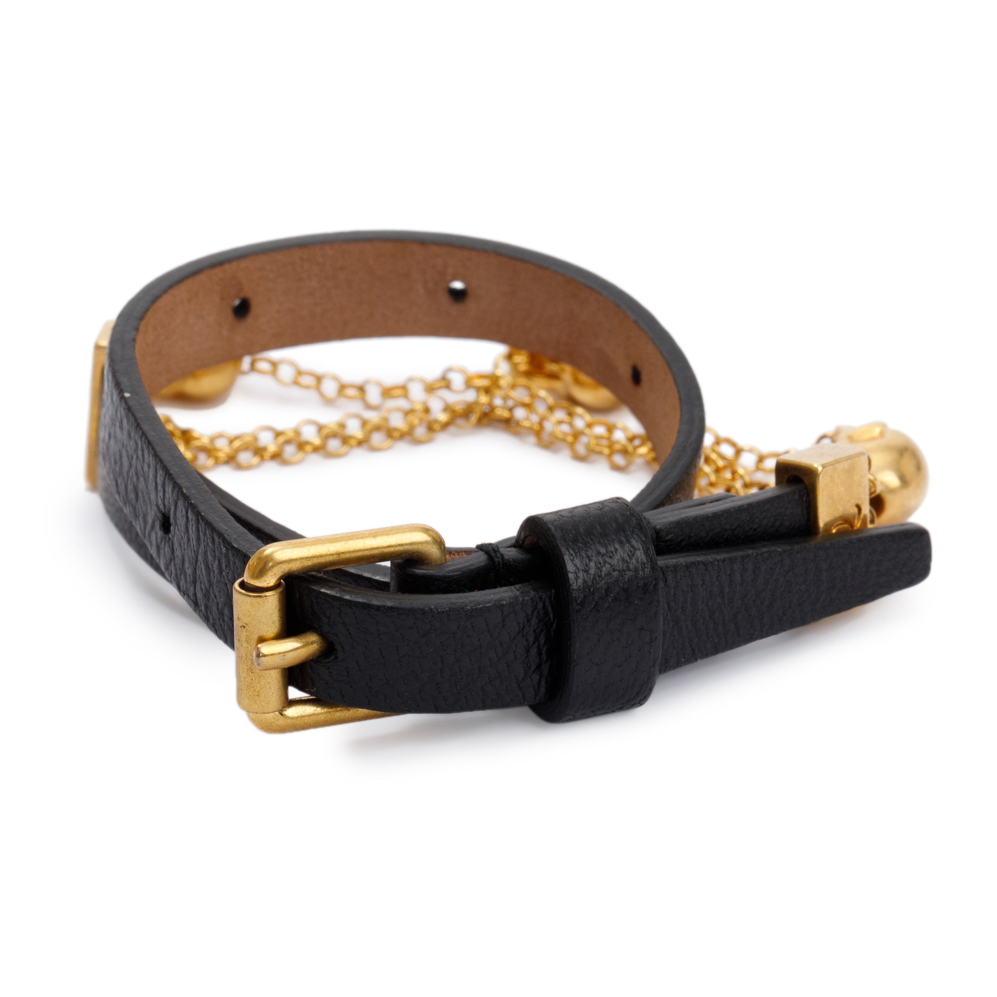 Alexander Mcqueen Gold Plated Skull Chain Double Wrap Leather Bracelet
