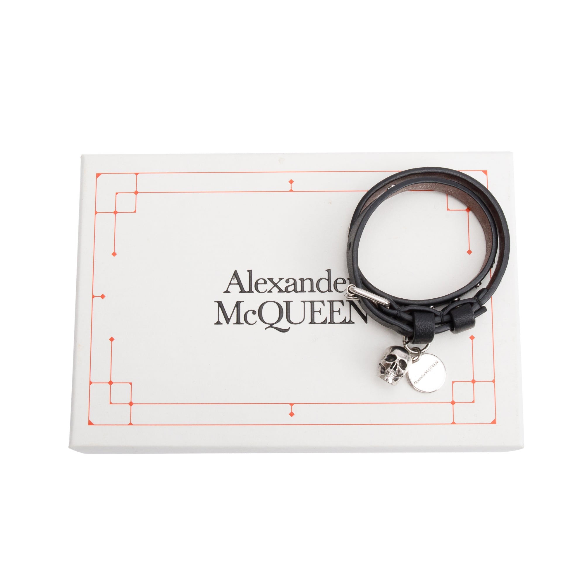 Alexander Mcqueen Silver Plated Skull Studded Double Wrap Leather Bracelet w/ Box
