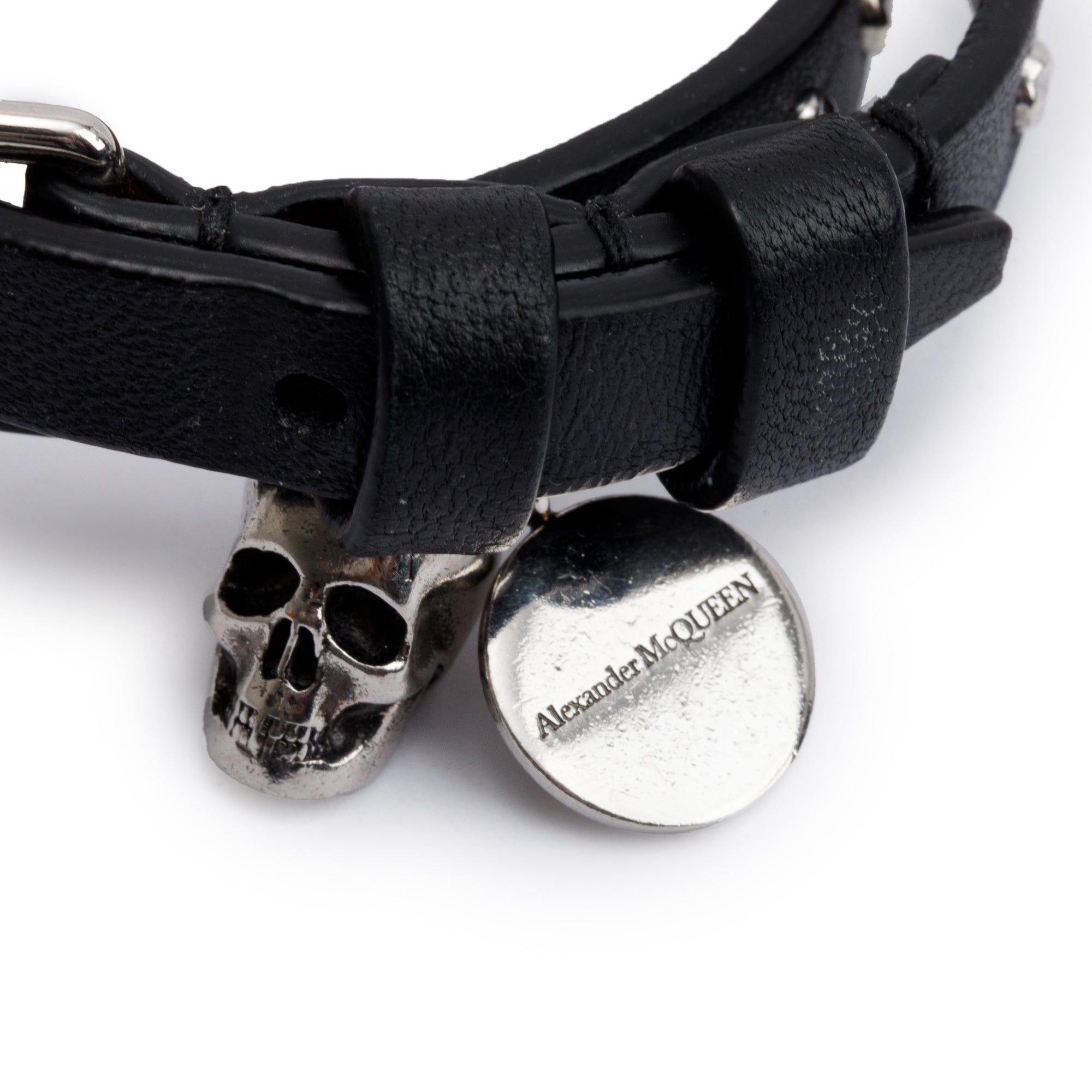 Alexander Mcqueen Silver Plated Skull Studded Double Wrap Leather Bracelet w/ Box
