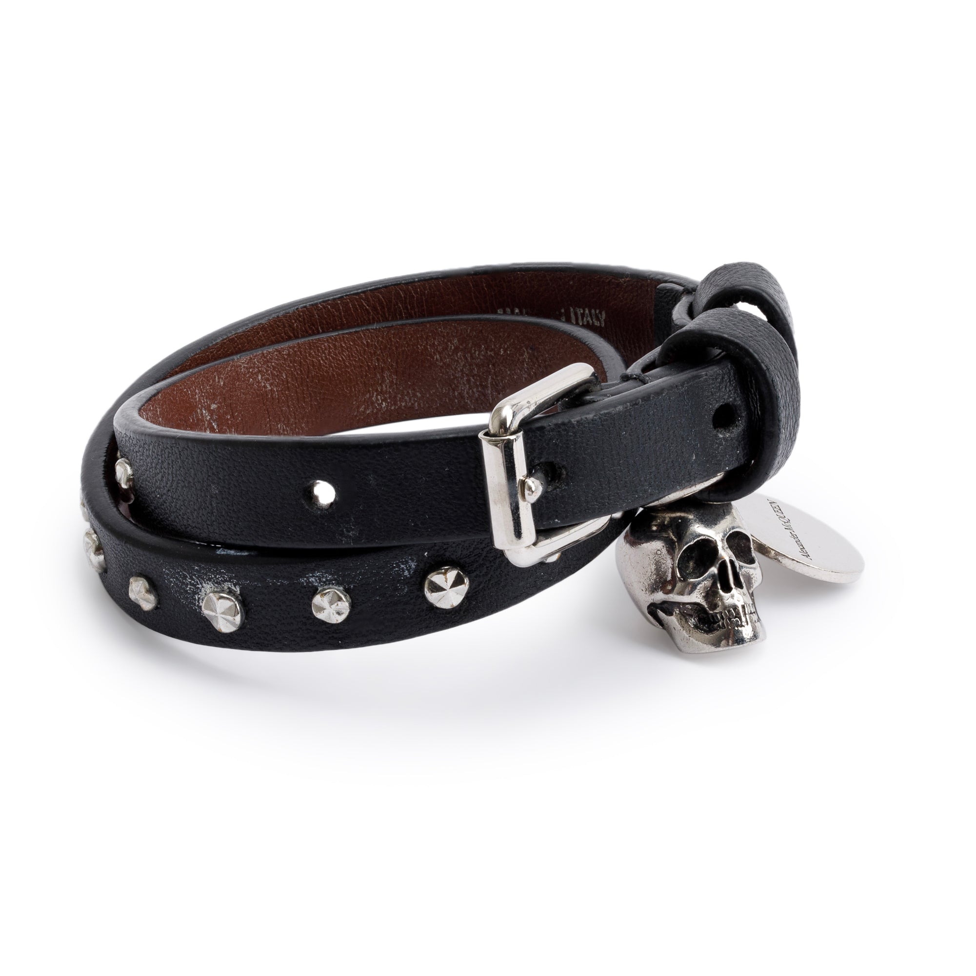 Alexander Mcqueen Silver Plated Skull Studded Double Wrap Leather Bracelet w/ Box
