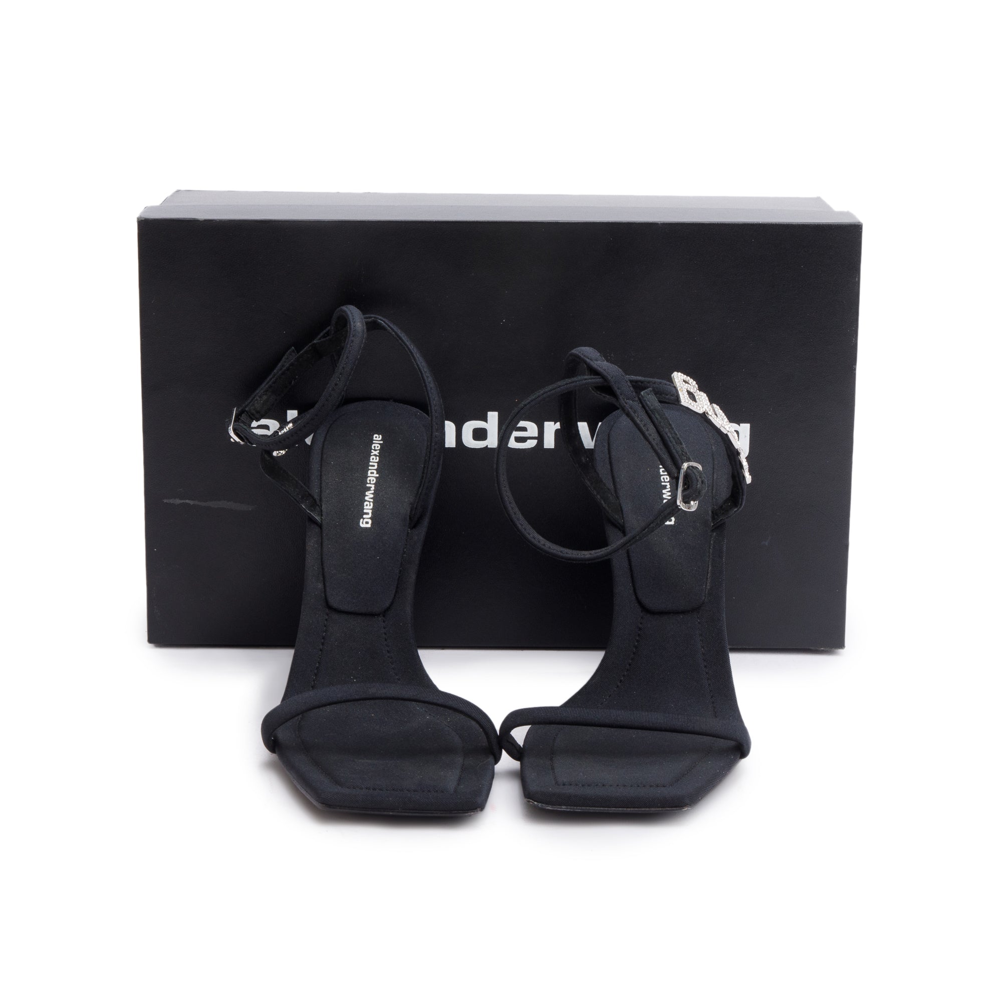 Alexander Wang Black Fabric Crystal Logo Julie Lycra Sandals, Size 39 w/ Box