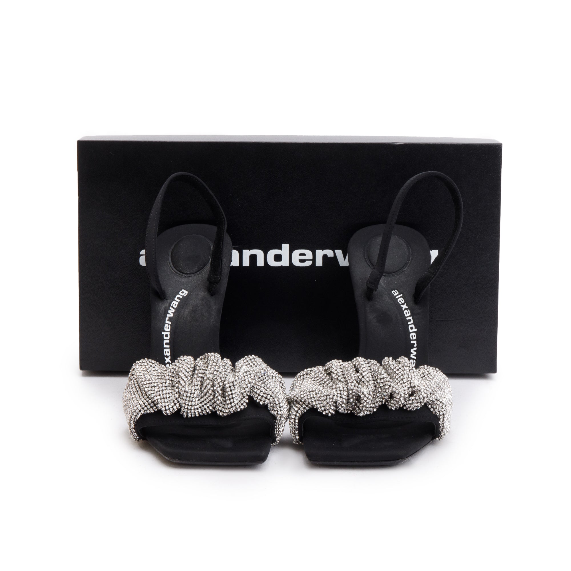 Alexander Wang Black Satin & Crystal Julie Scrunchie Sandals, Size 40 w/ Box