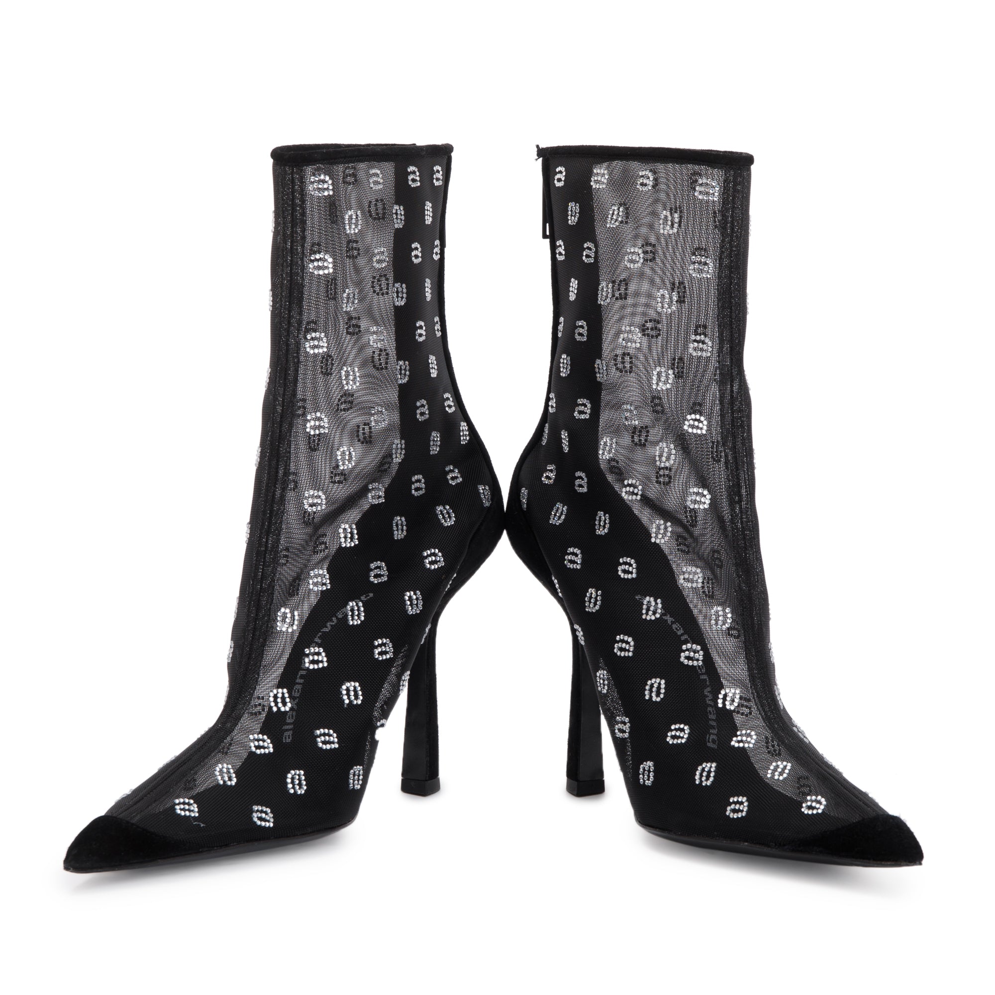 Alexander Wang Black Suede Mesh & Crystal Delphine 105 Crystal a Boot, Size 38 w/ Box