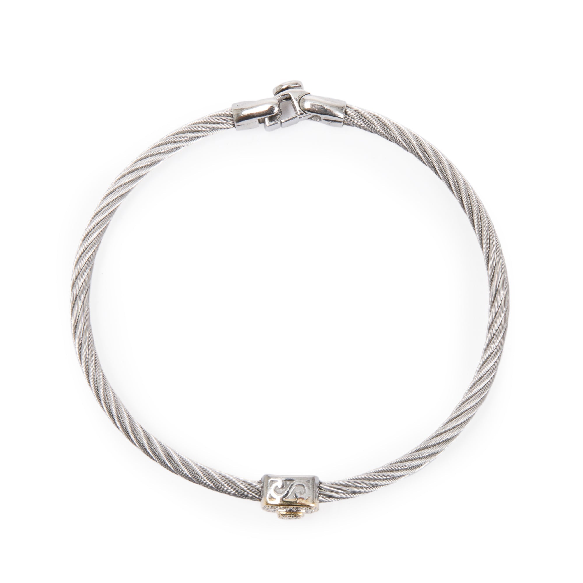 Alor Stainless Steel & 18k Gold Diamond Station 3MM Cable Bracelet w/ Box