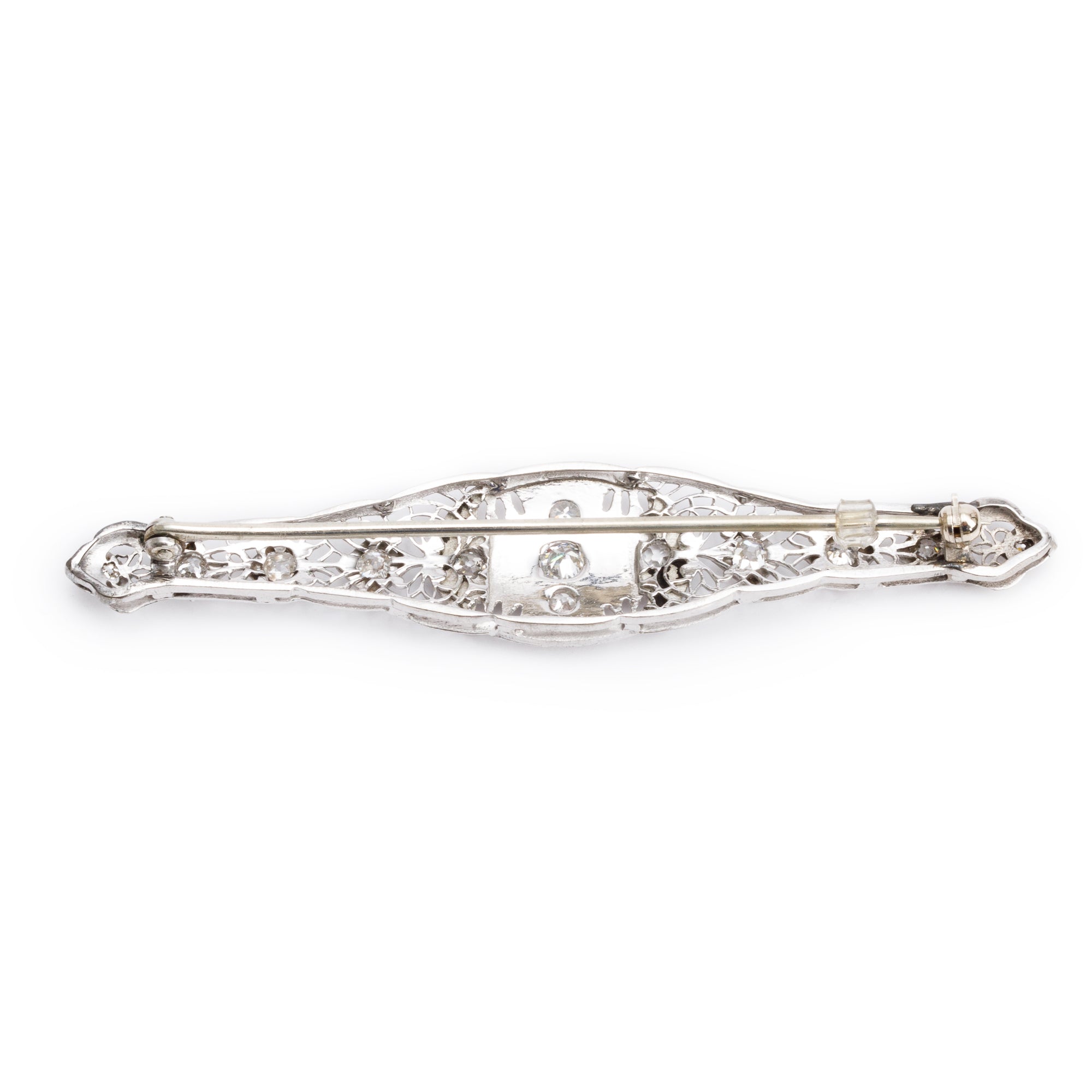 Antique 10k White Gold Diamond Filigree Bar Brooch
