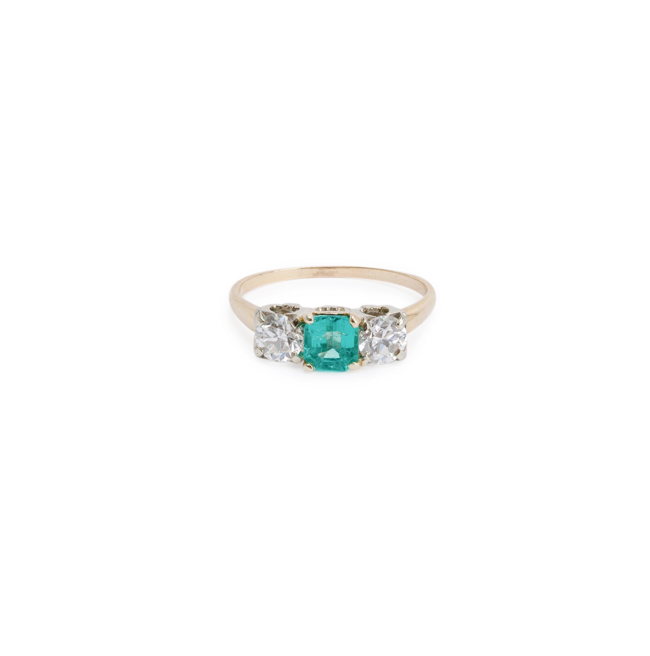 Antique 14k Gold Emerald & Diamond Three Stone Ring
