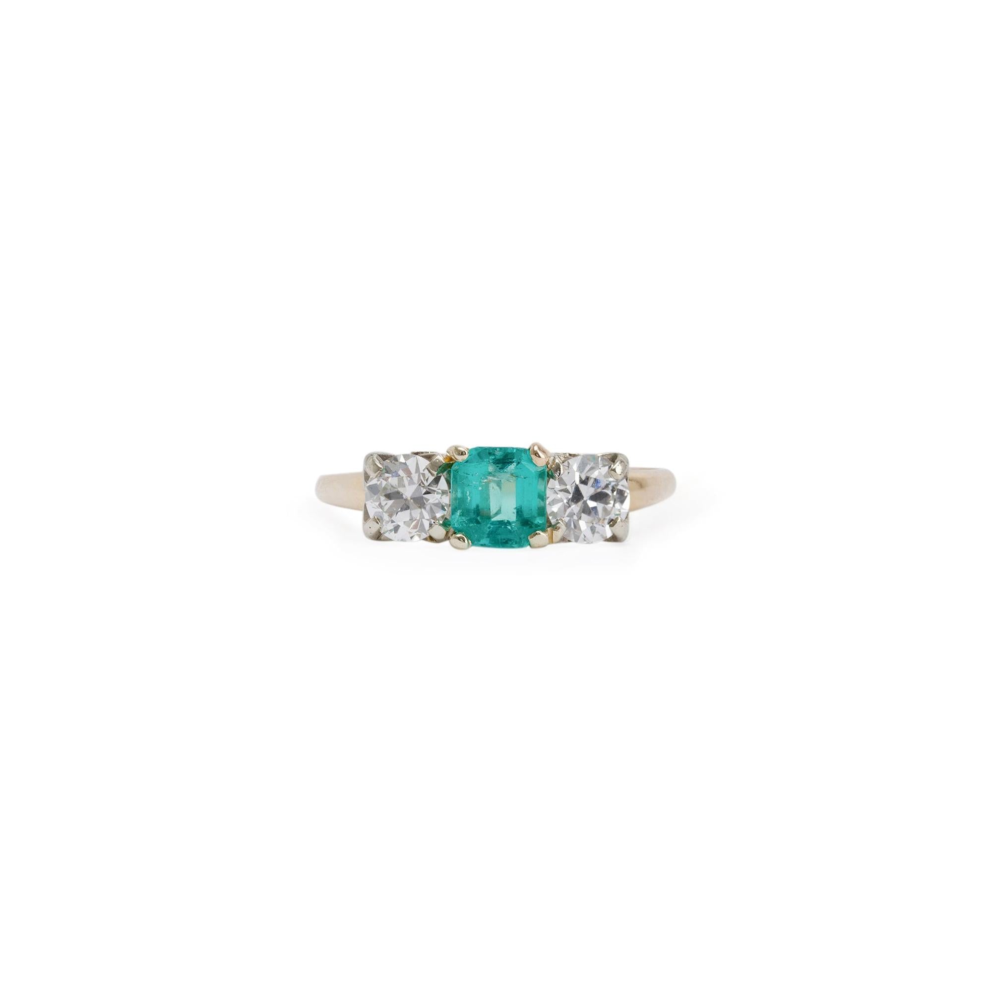 Antique 14k Gold Emerald & Diamond Three Stone Ring