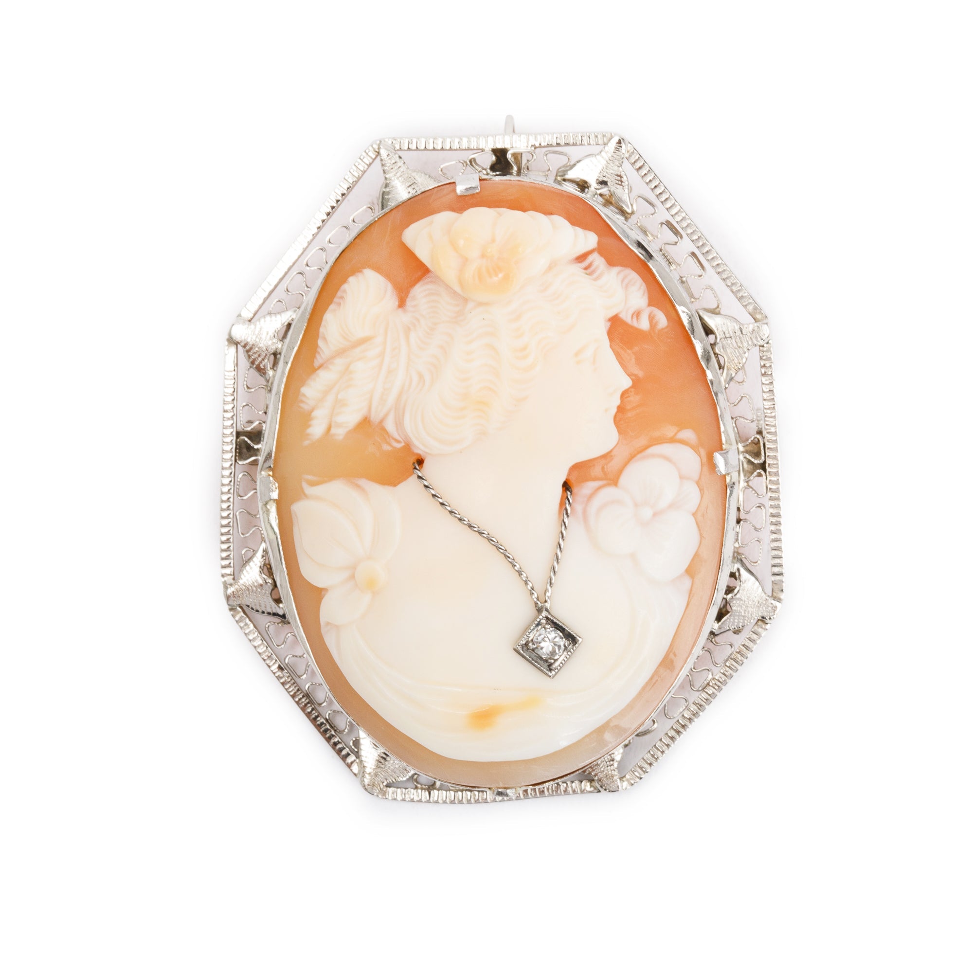 Antique 14k White Gold & Diamond Cameo Brooch/Pendant