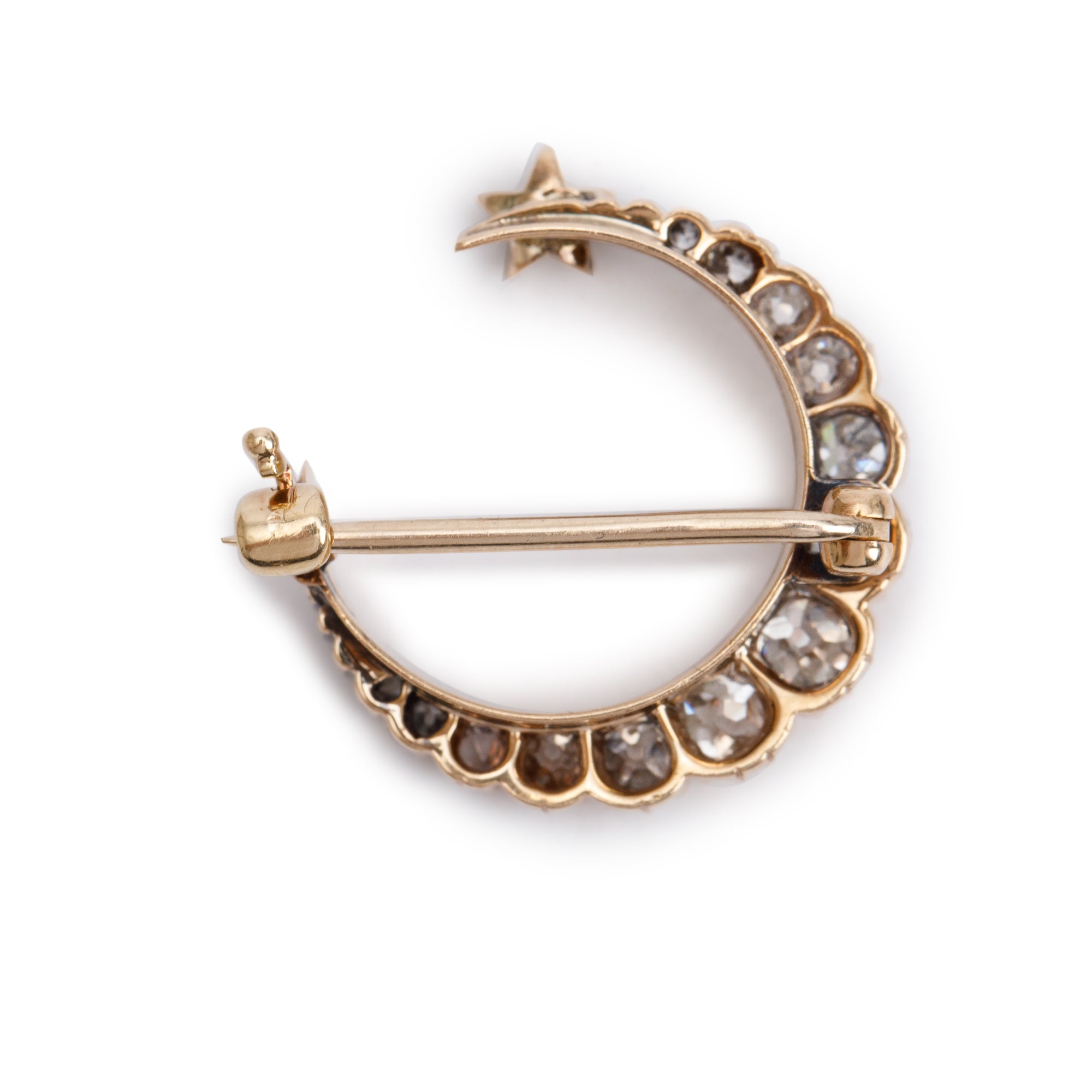 Antique 14k Yellow Gold Diamond Crecent Brooch