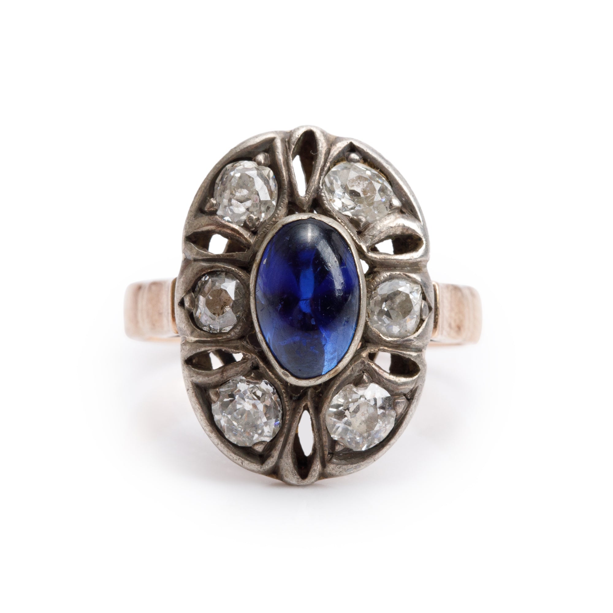 Antique 14k Yellow Gold Sapphire & Diamond Ring, Size 4