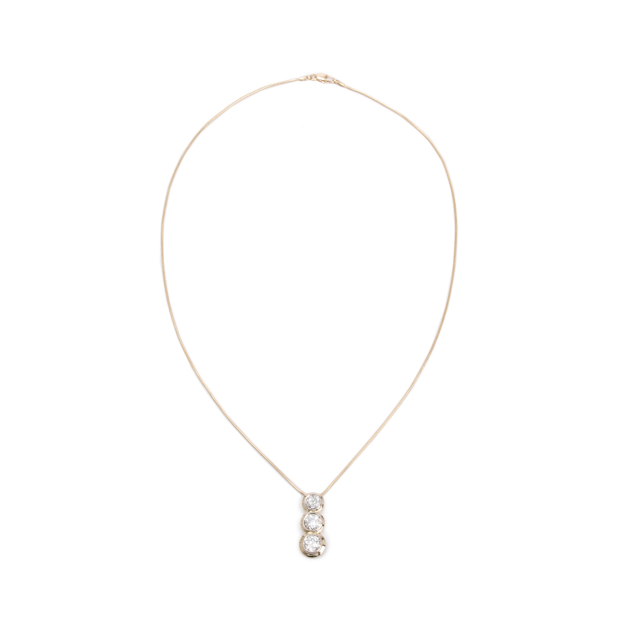 Antique 14k Yellow Gold Three Stone Diamond Drop Pendant Necklace