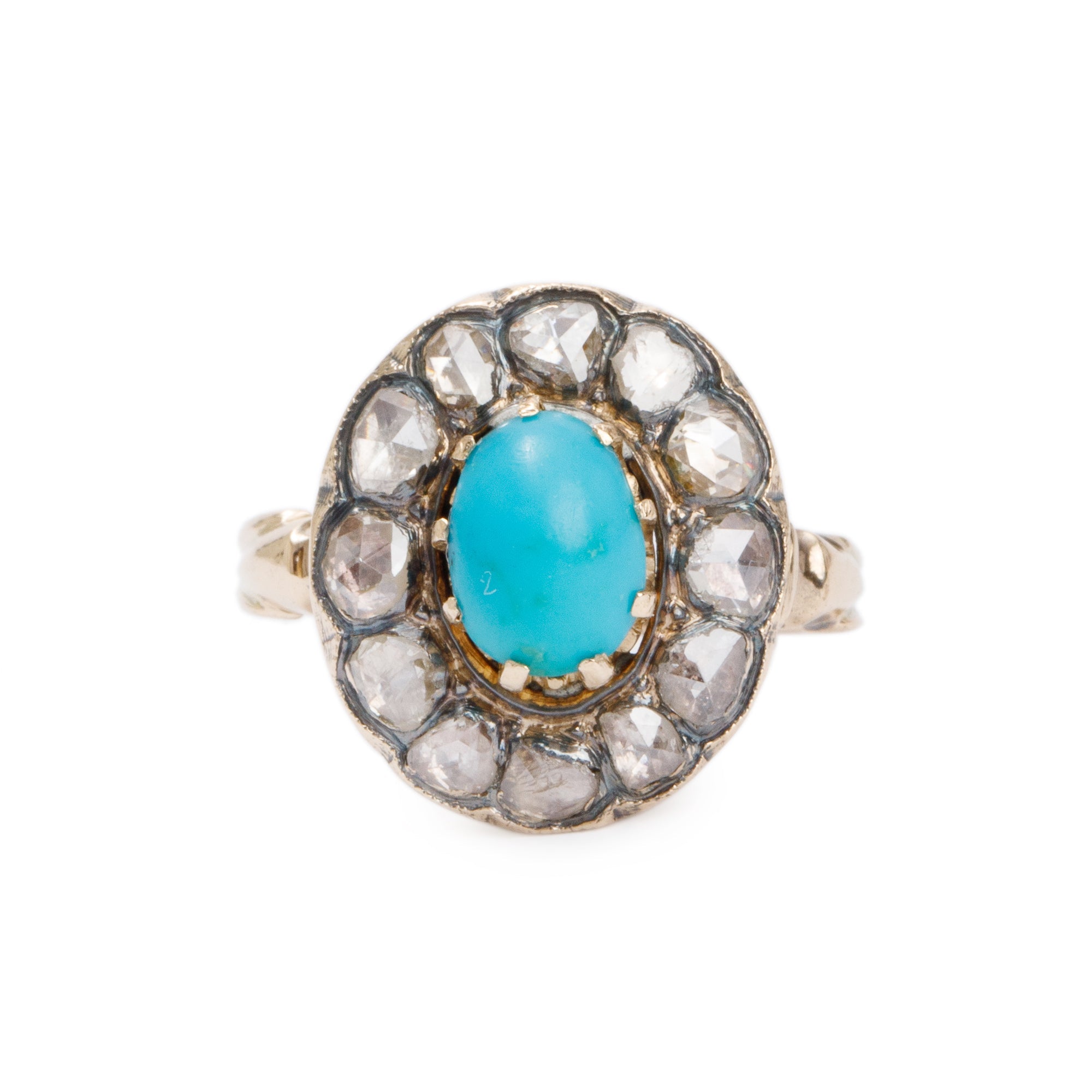 Antique 14k Yellow Gold Turqoise & Diamond Ring, Size 6